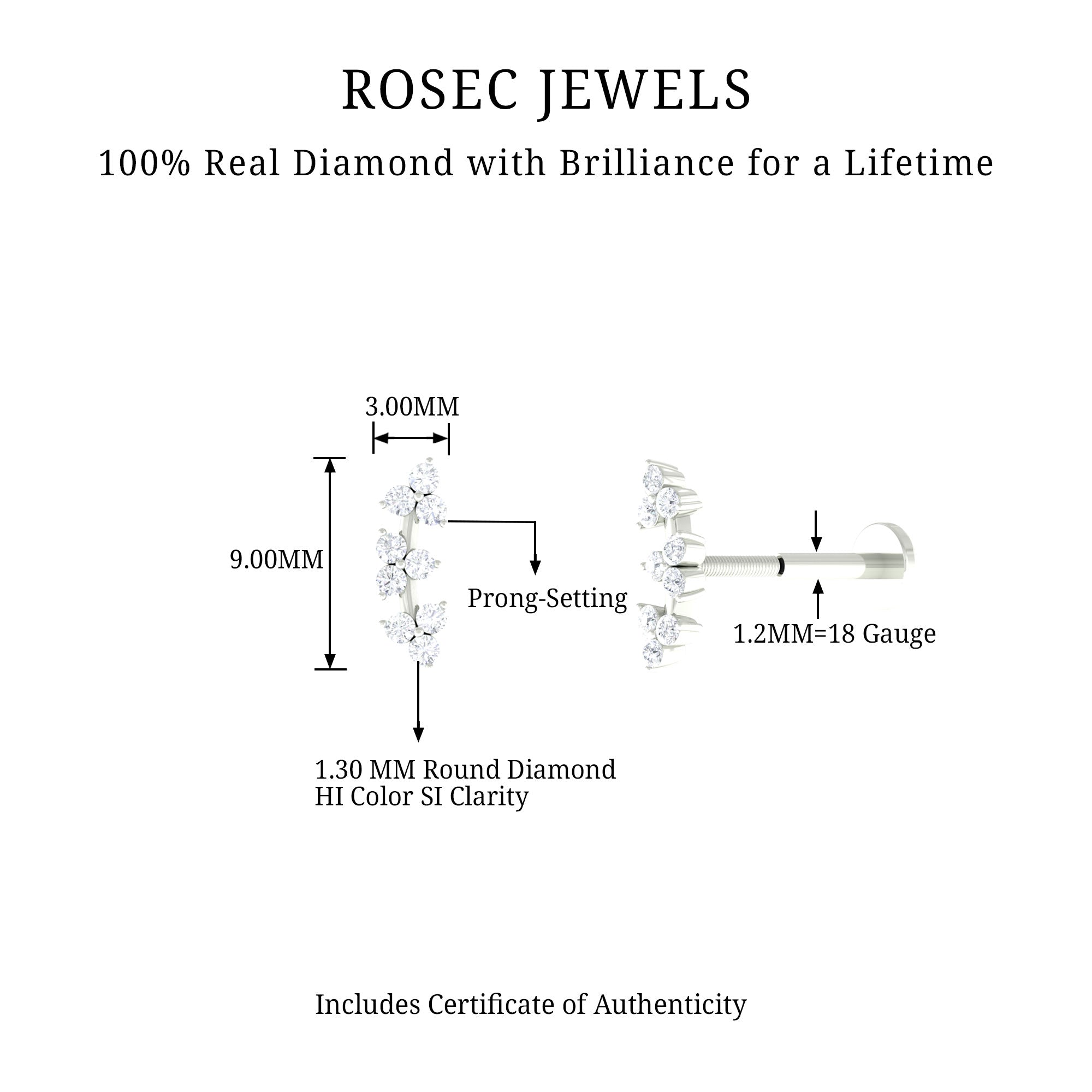 Simple Diamond Curved Helix Earring with Flat Back Natural - ( HI-SI ) - Rosec Jewels