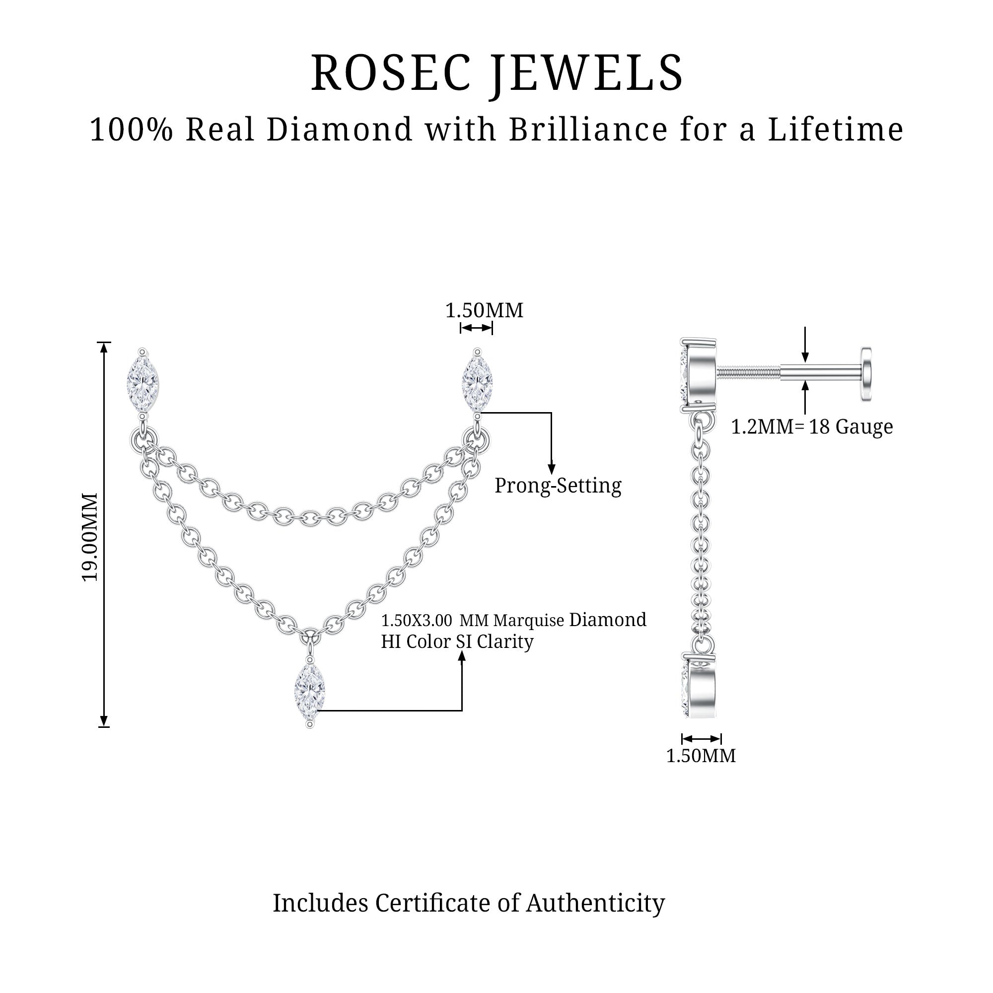 Marquise Diamond Double Piercing Earring with Dangling Chain Natural - ( HI-SI ) - Rosec Jewels