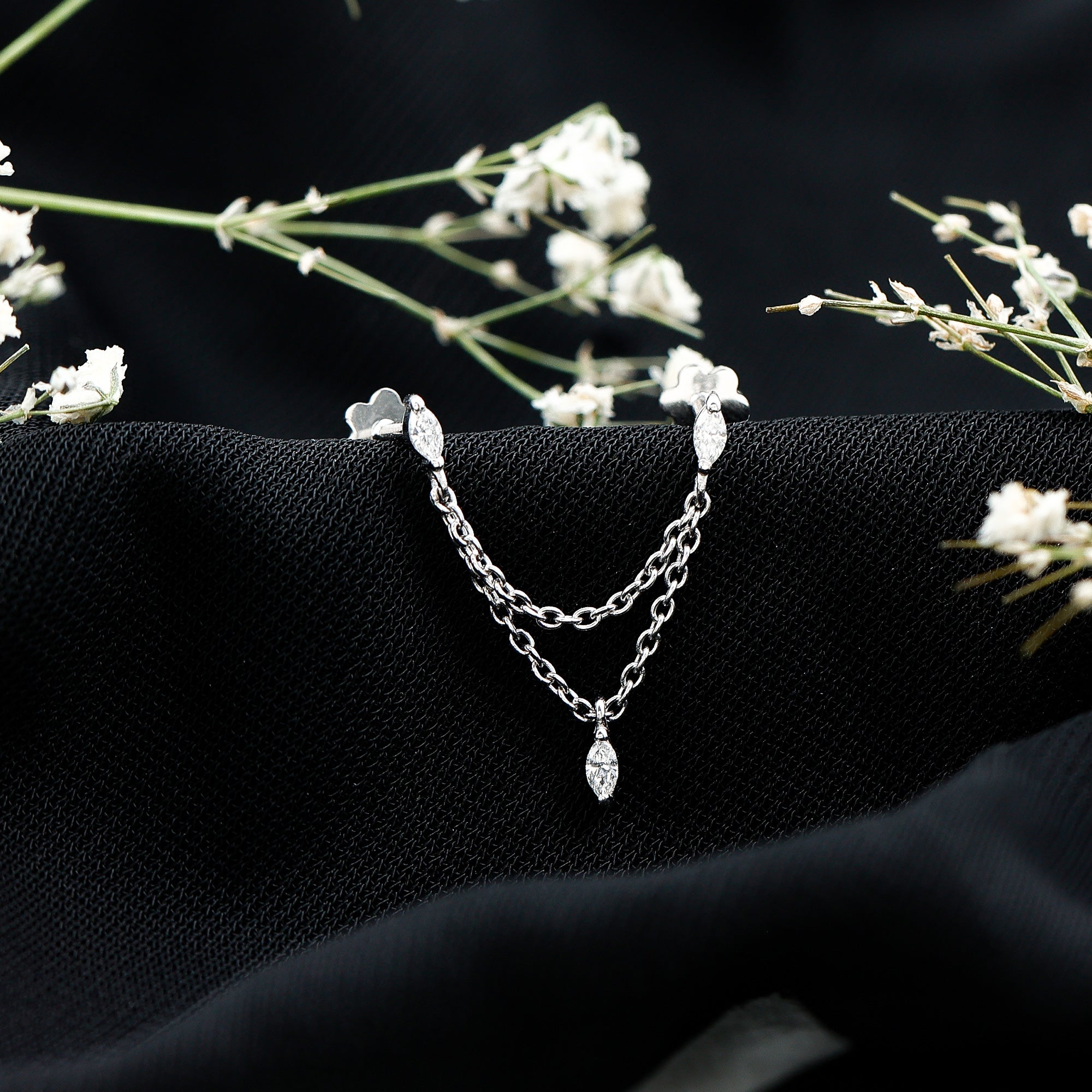 Marquise Diamond Double Piercing Earring with Dangling Chain Natural - ( HI-SI ) - Rosec Jewels