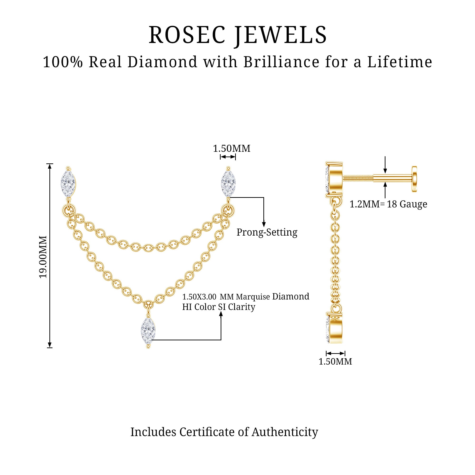 Marquise Diamond Double Piercing Earring with Dangling Chain Natural - ( HI-SI ) - Rosec Jewels