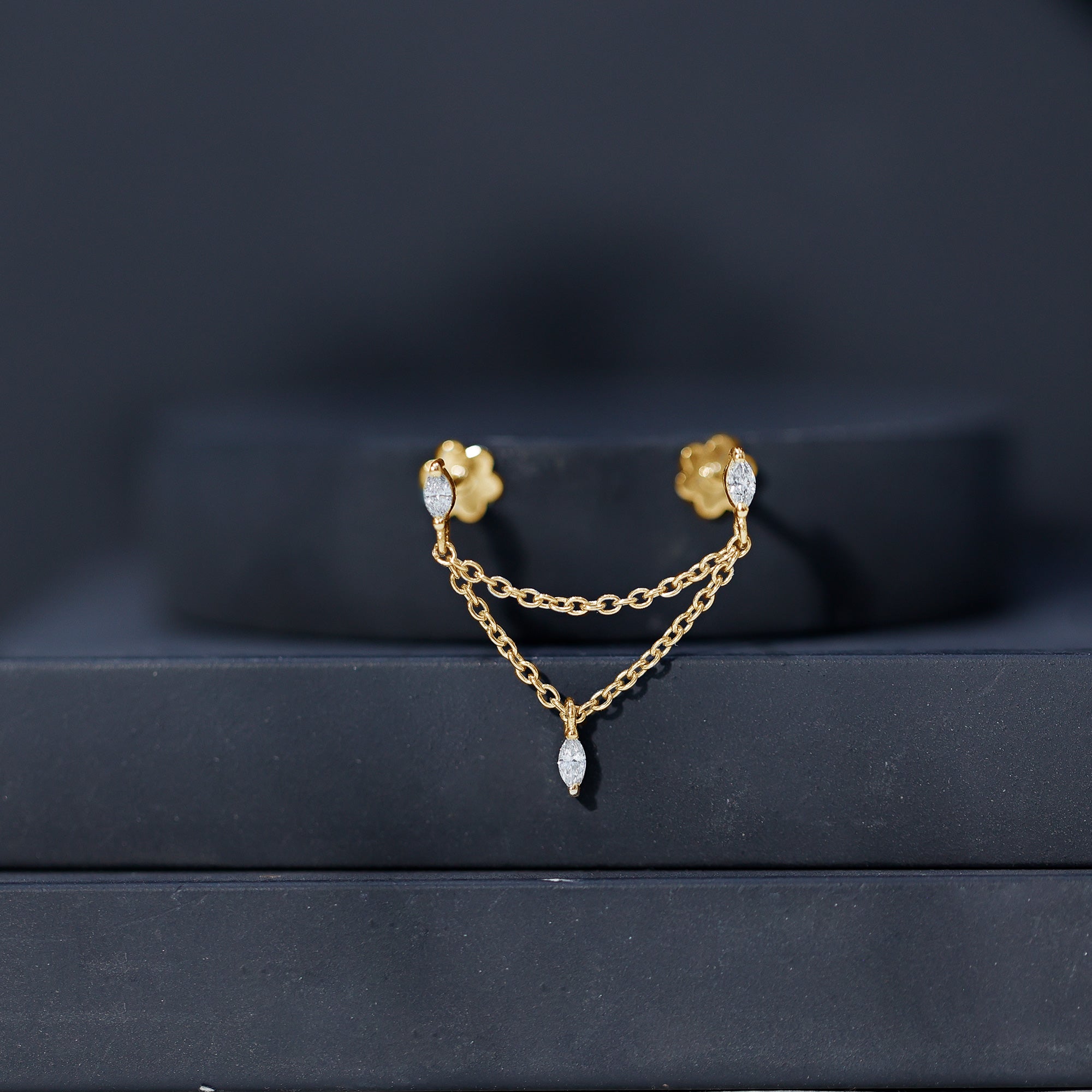Marquise Diamond Double Piercing Earring with Dangling Chain Natural - ( HI-SI ) - Rosec Jewels