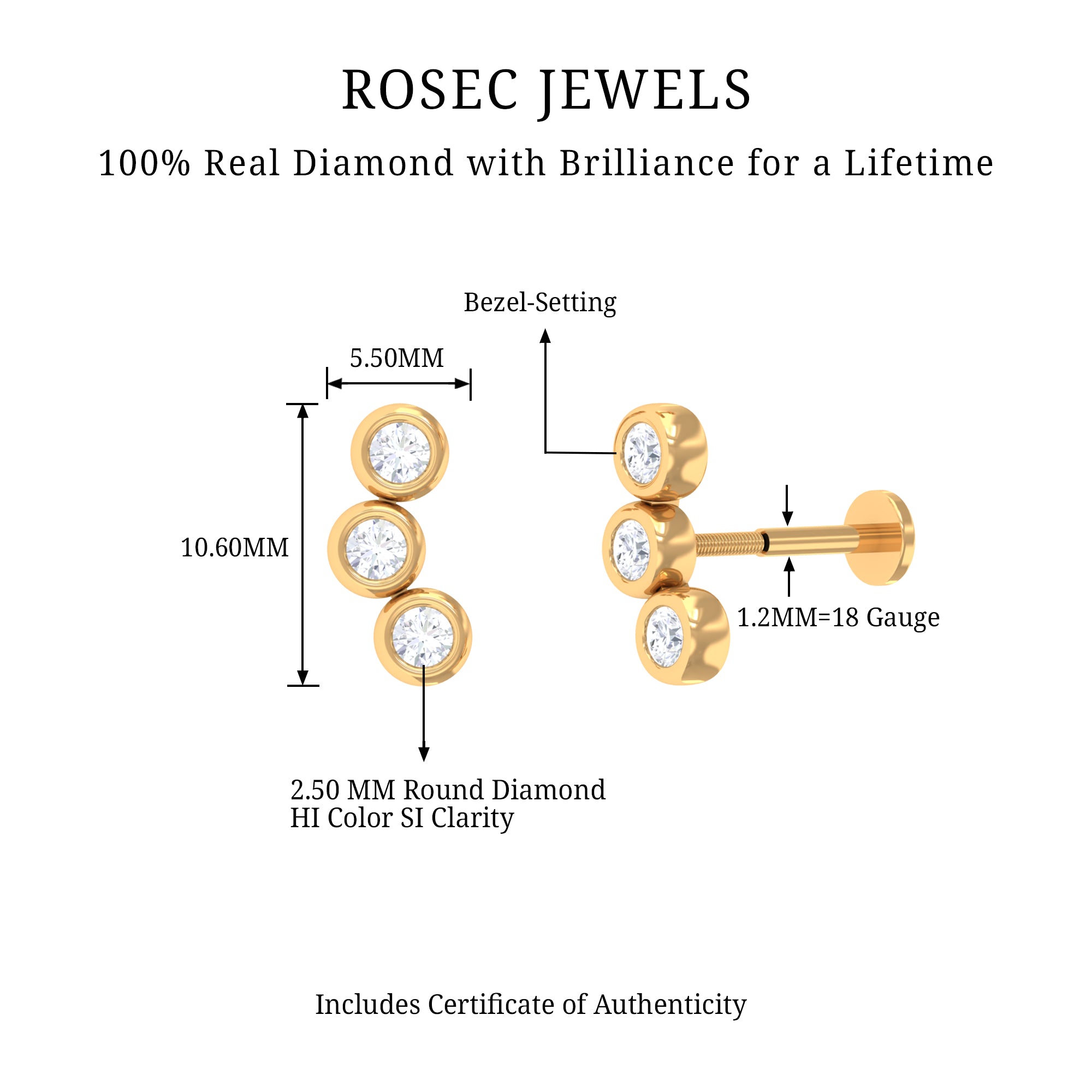 Three Diamond Curved Helix Earring in Bezel Setting Natural - ( HI-SI ) - Rosec Jewels