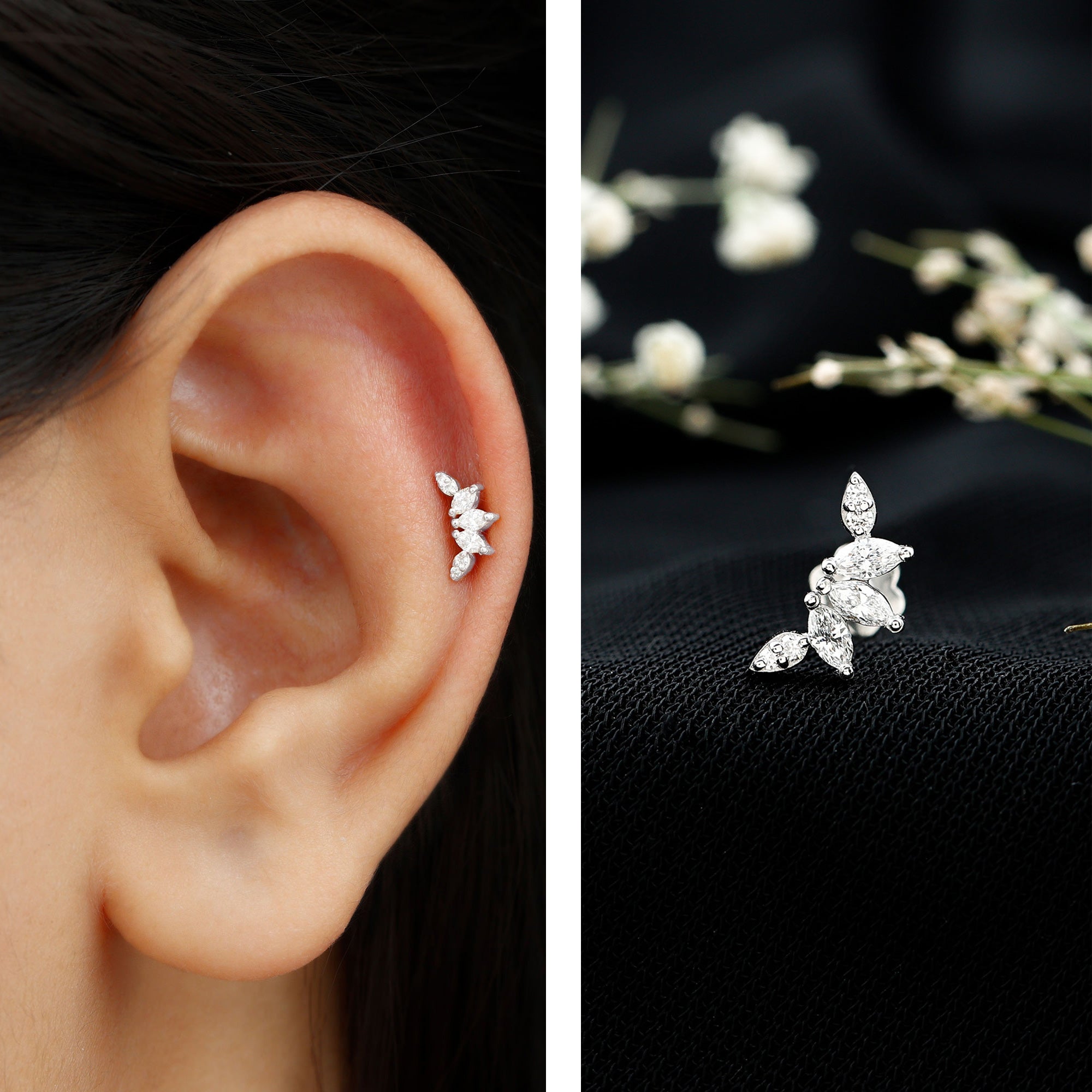 Marquise Diamond Leaf Crawler Earring for Helix Piercing Natural - ( HI-SI ) - Rosec Jewels