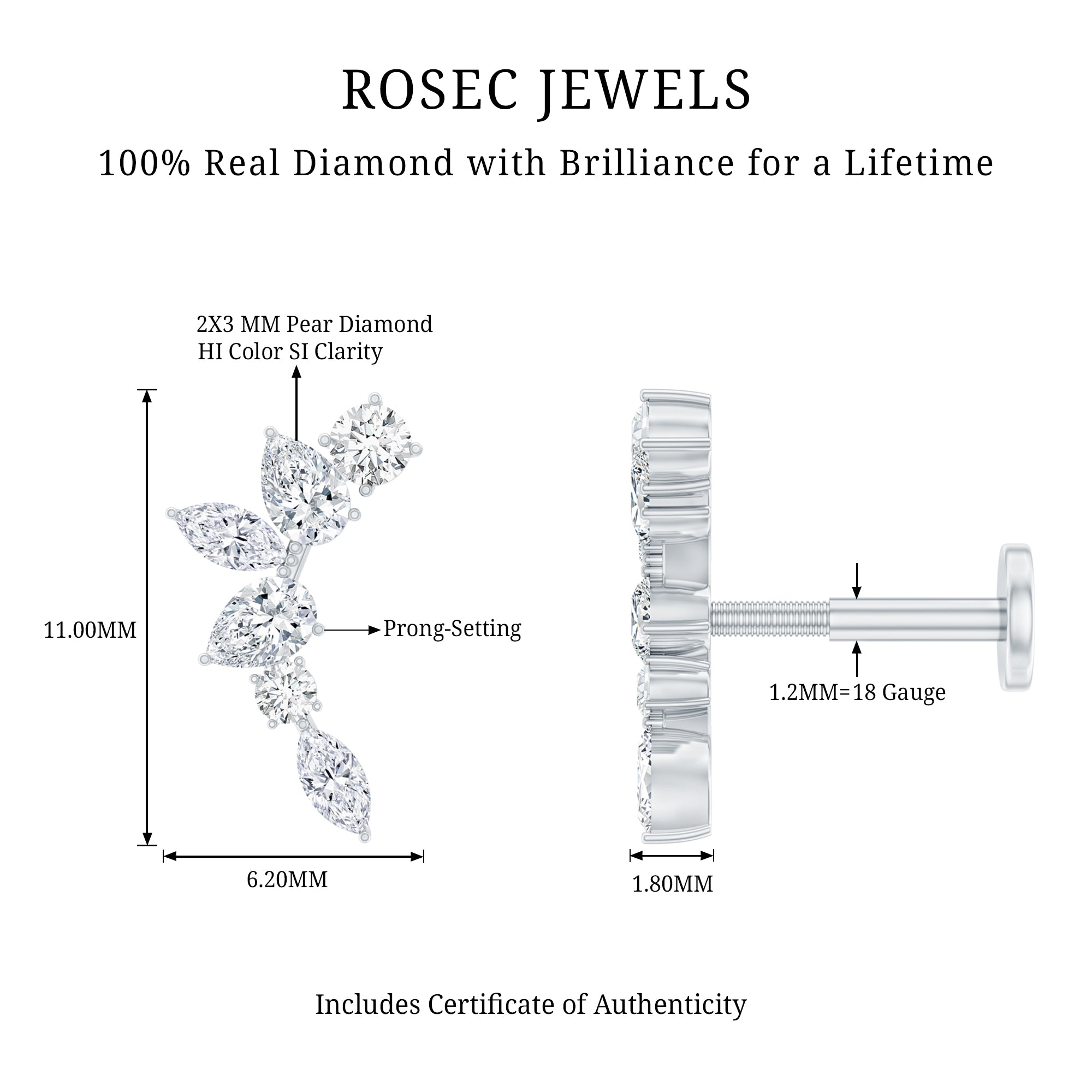Unique Diamond Ear Crawler Earring for Helix Piercing Natural - ( HI-SI ) - Rosec Jewels