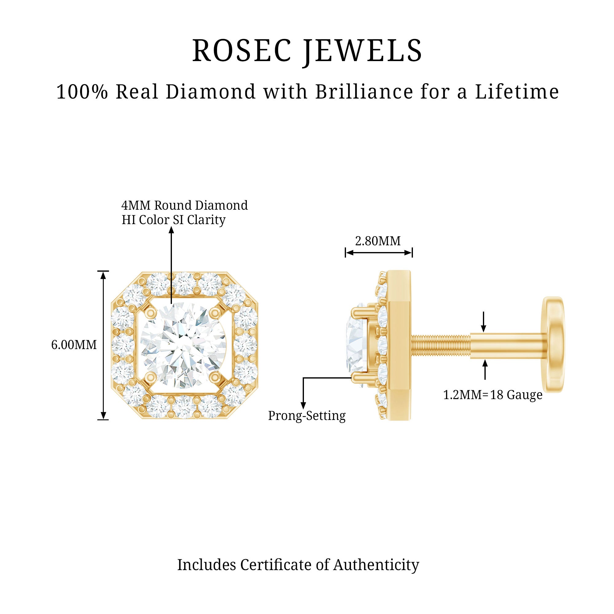 Simple Octagon Shape Diamond Helix Earring Natural - ( HI-SI ) - Rosec Jewels