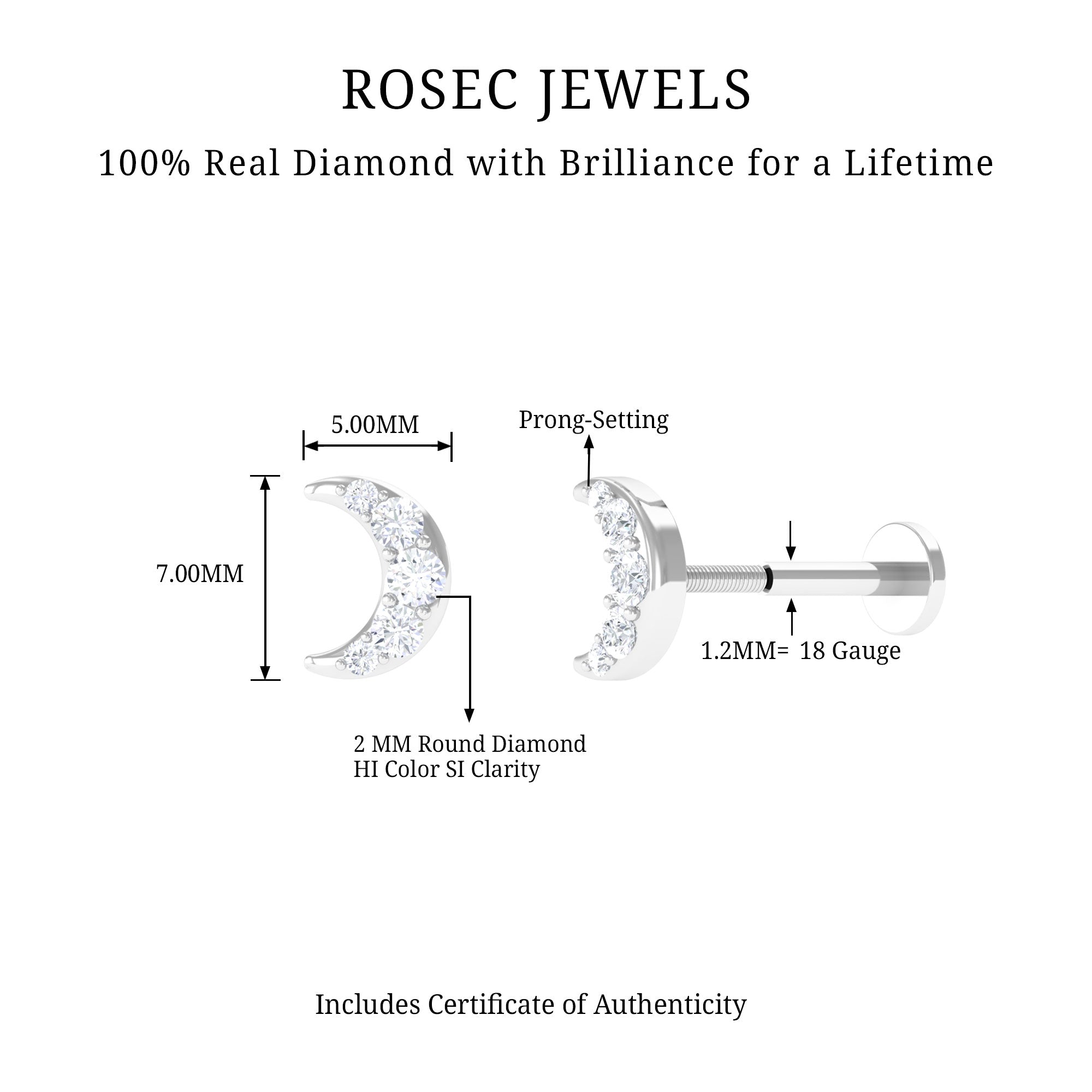 Round Cut Diamond Crescent Moon Cartilage Earring Natural - ( HI-SI ) - Rosec Jewels