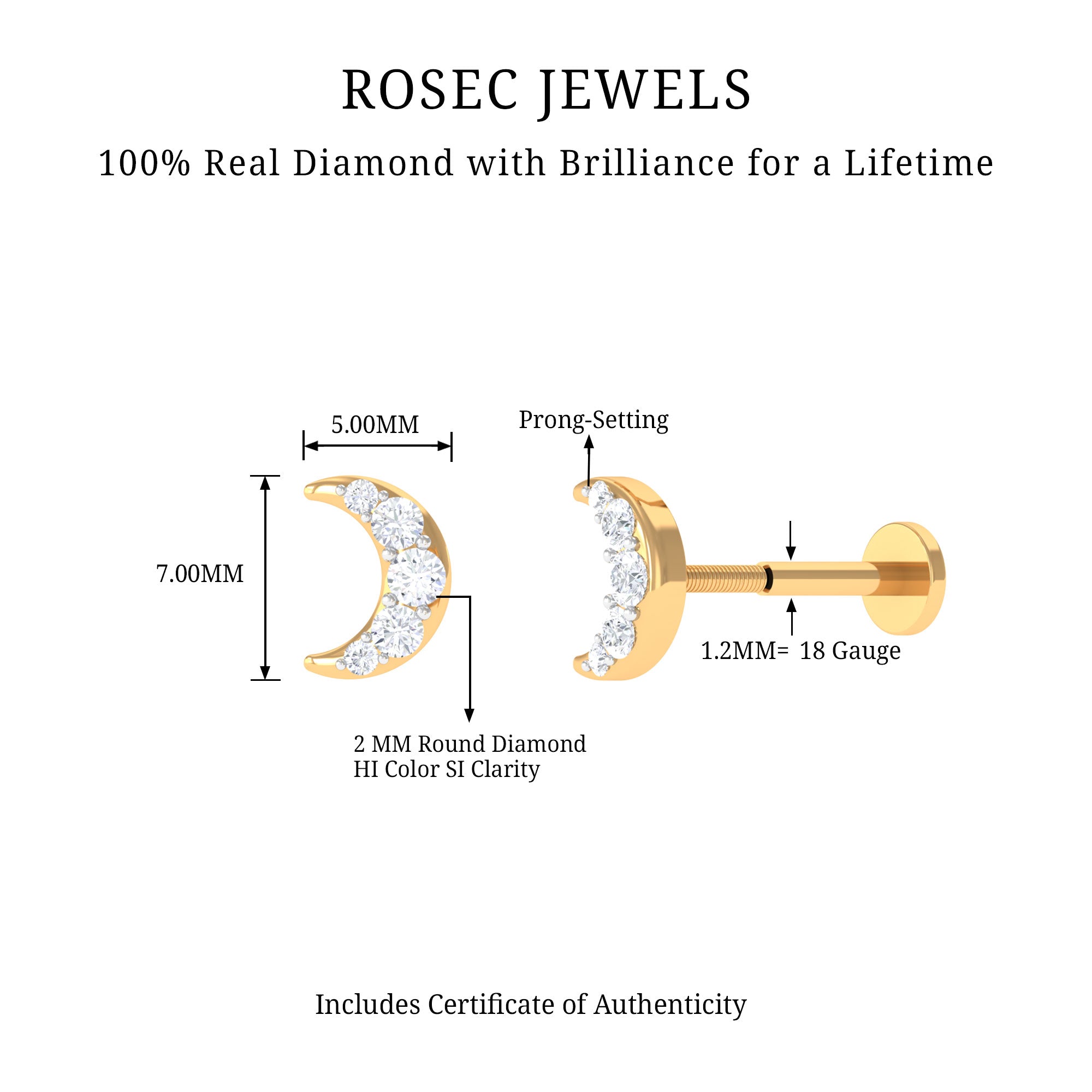 Round Cut Diamond Crescent Moon Cartilage Earring Natural - ( HI-SI ) - Rosec Jewels