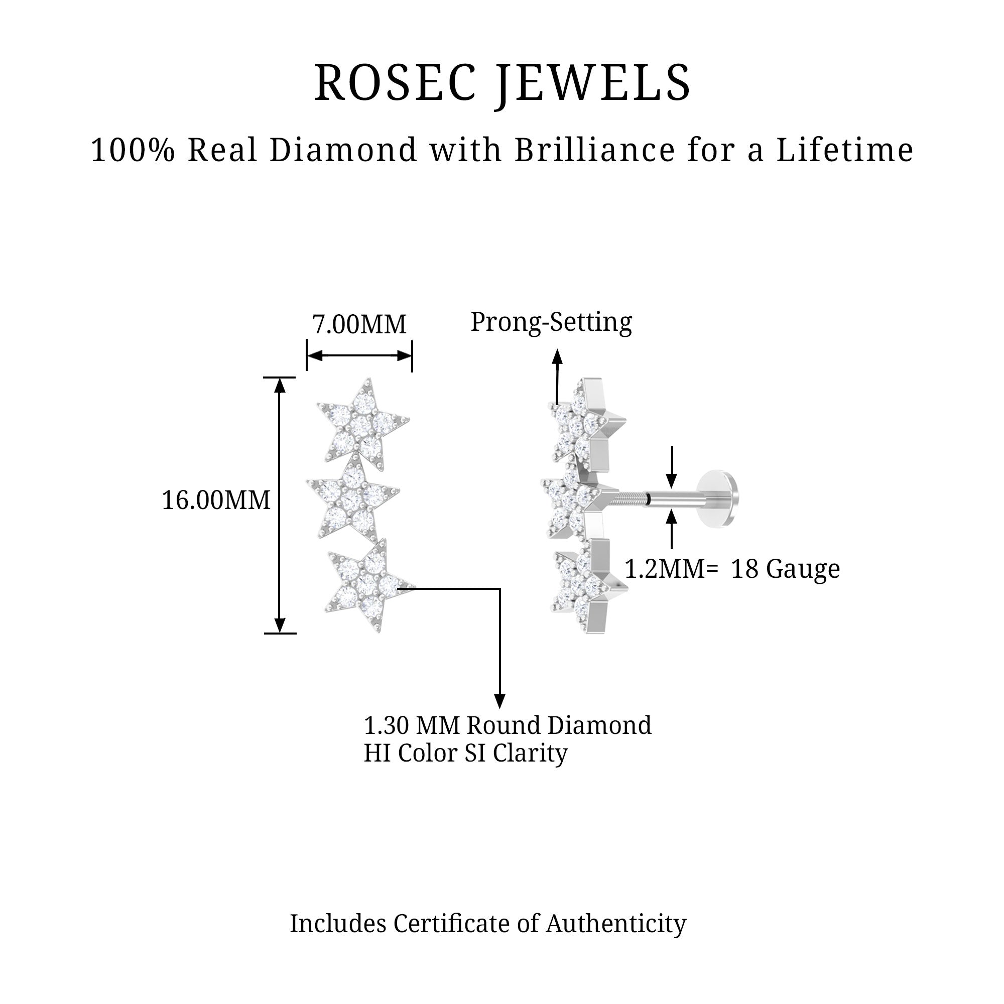Diamond 3 Star Crawler Earring for Cartilage Piercing Natural - ( HI-SI ) - Rosec Jewels