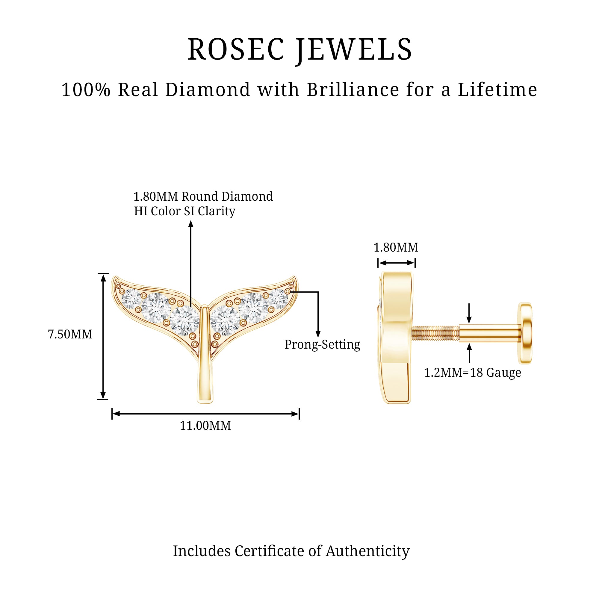 Certified Diamond Whale Tail Earring for Helix Piercing Natural - ( HI-SI ) - Rosec Jewels