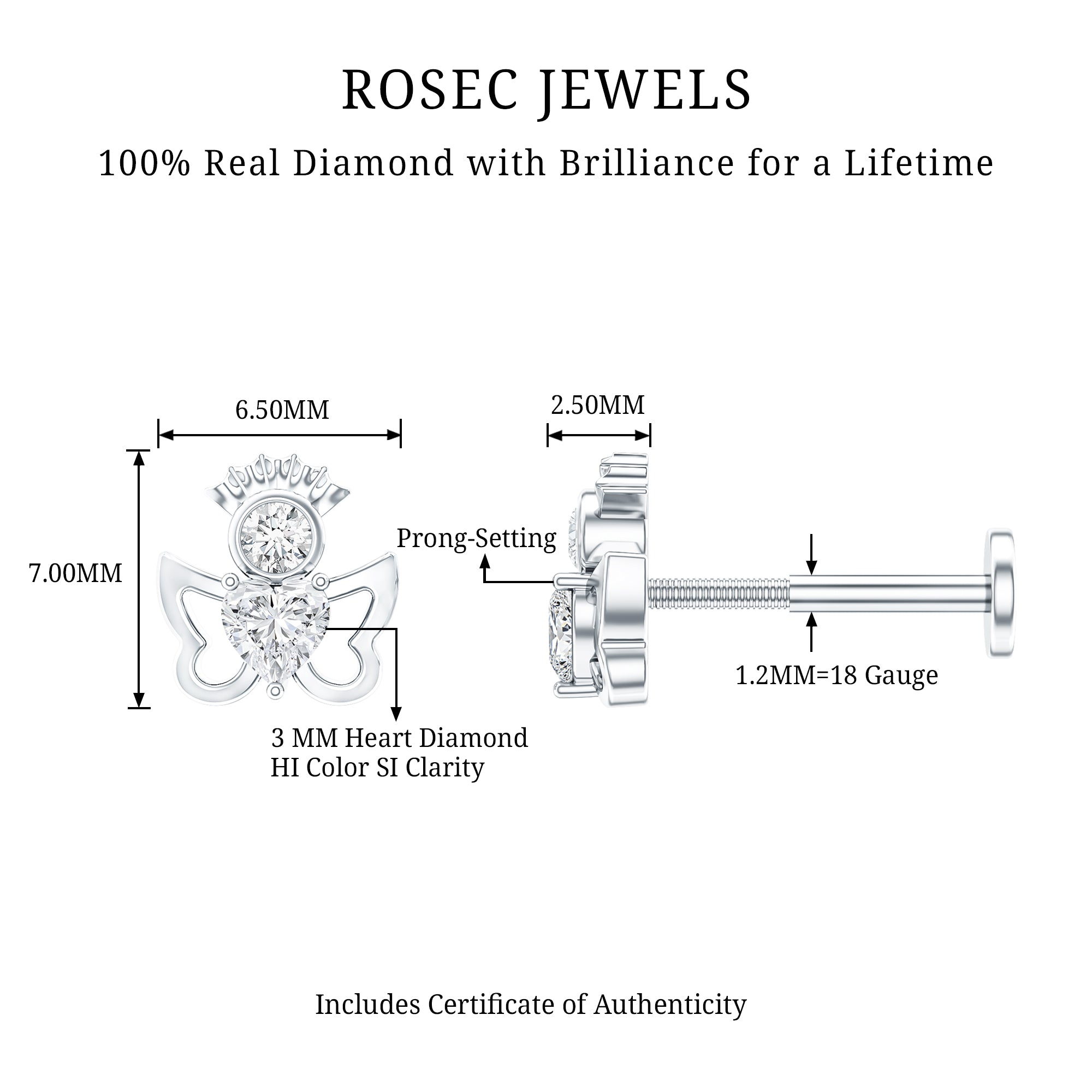 Heart Diamond Angel Earring for Helix Piercing Natural - ( HI-SI ) - Rosec Jewels