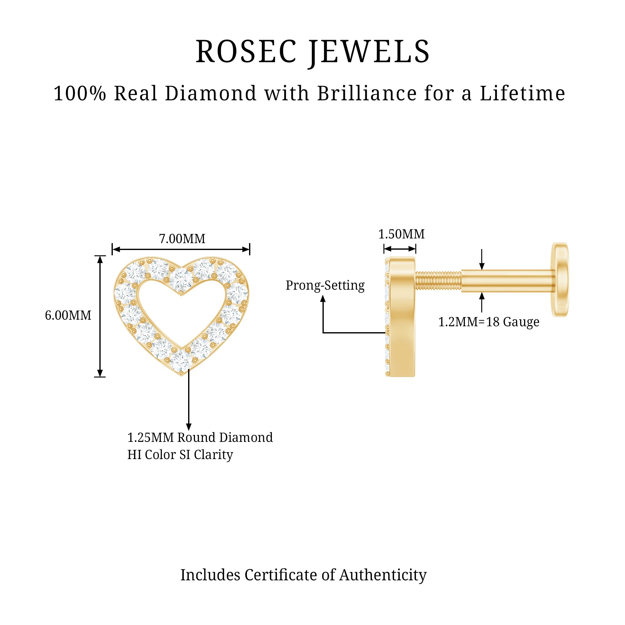 Cute Diamond Open Heart Earring for Helix Piercing Natural - ( HI-SI ) - Rosec Jewels