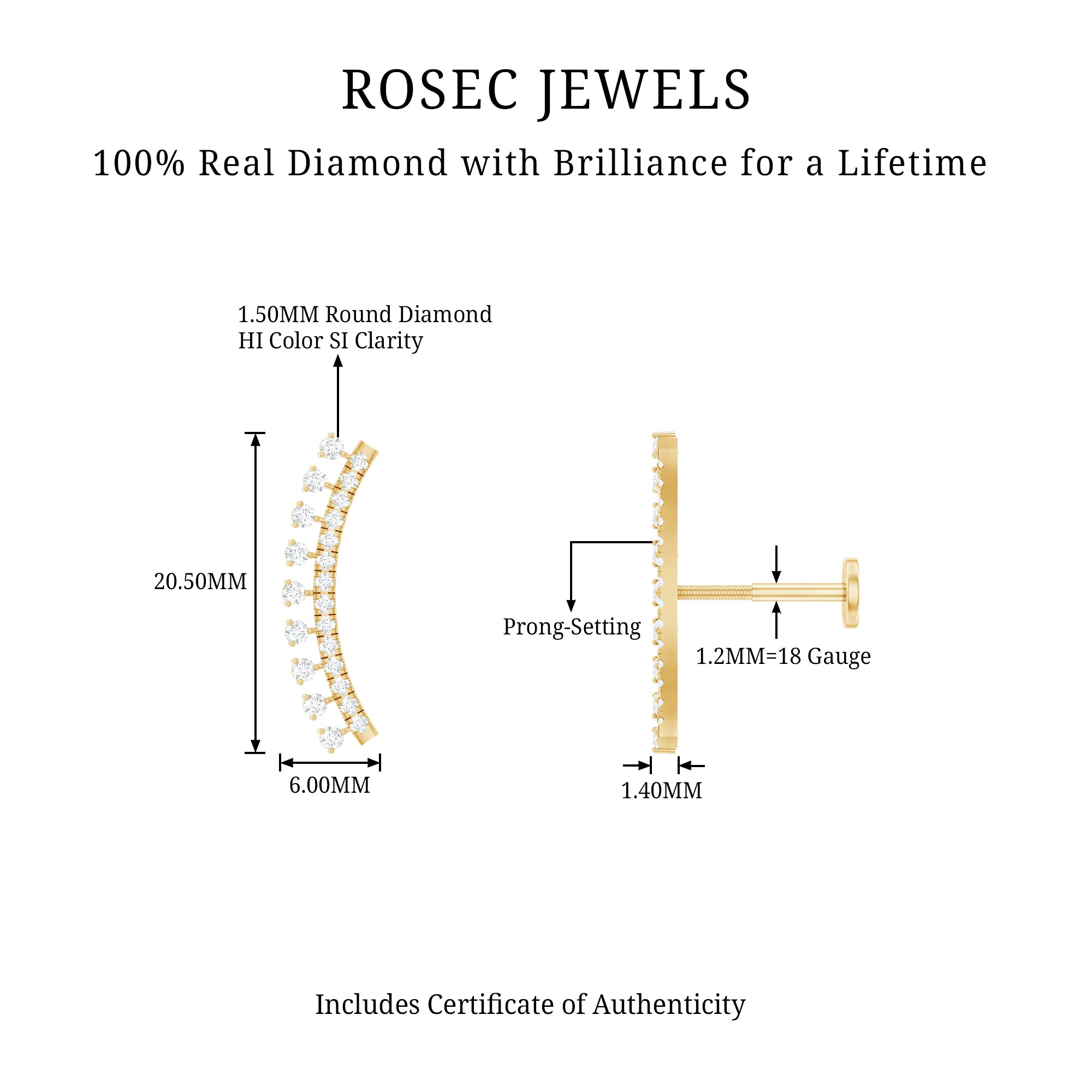 Minimal Diamond Crawler Earring for Cartilage Piercing Natural - ( HI-SI ) - Rosec Jewels