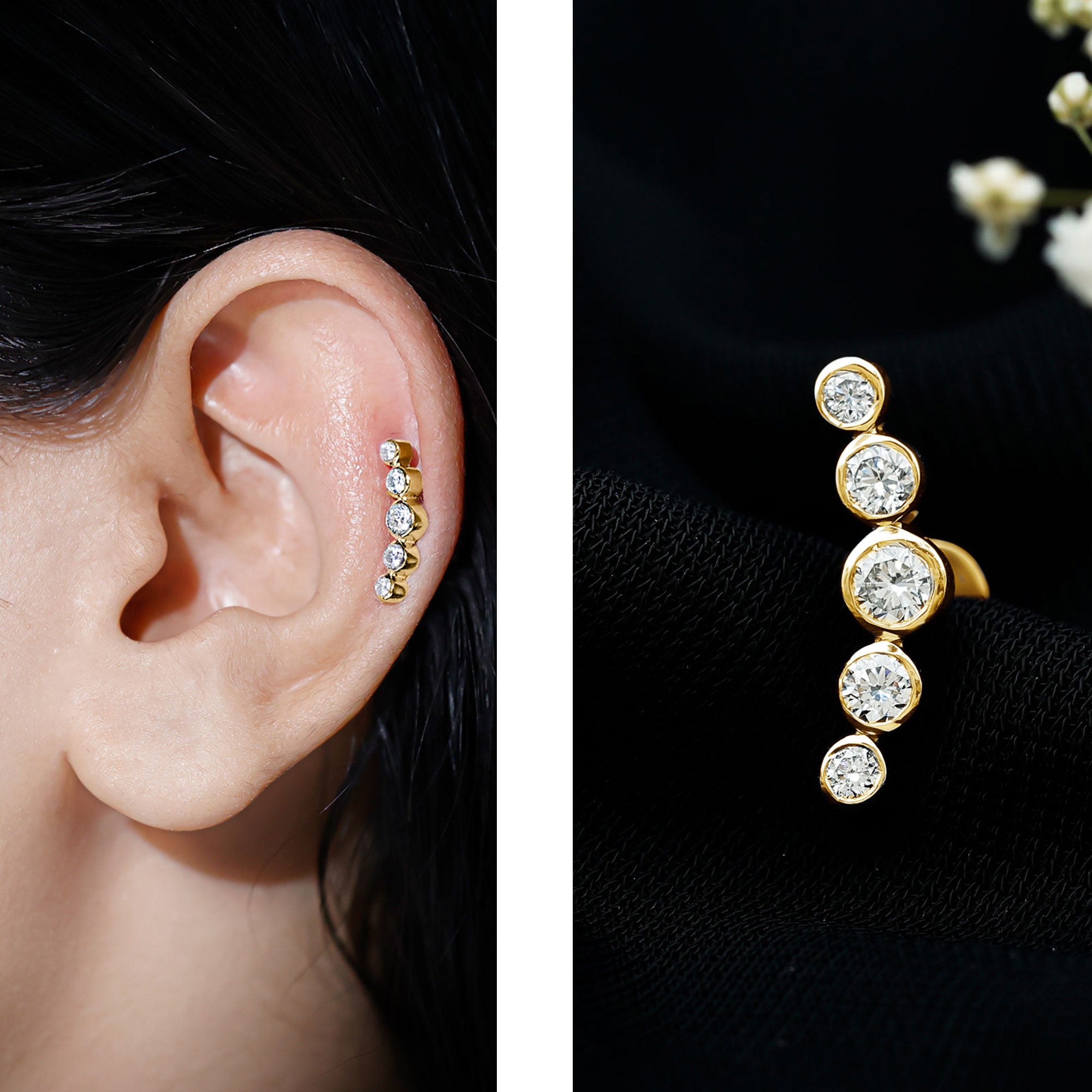 Graduated Style Diamond Crawler Earring for Helix Piercing Natural - ( HI-SI ) - Rosec Jewels