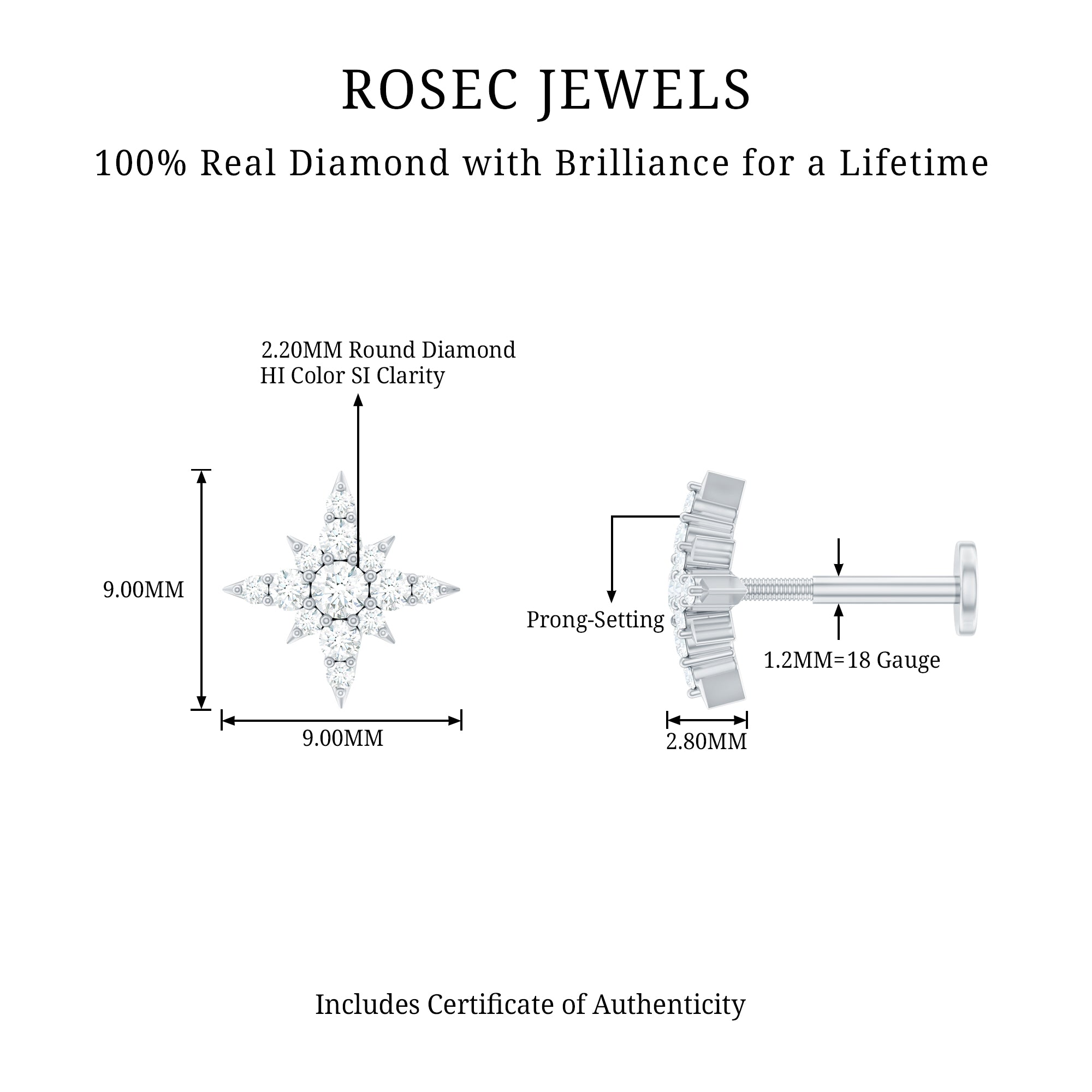 Sparkling Diamond Starburst Earring for Cartilage Piercing Natural - ( HI-SI ) - Rosec Jewels