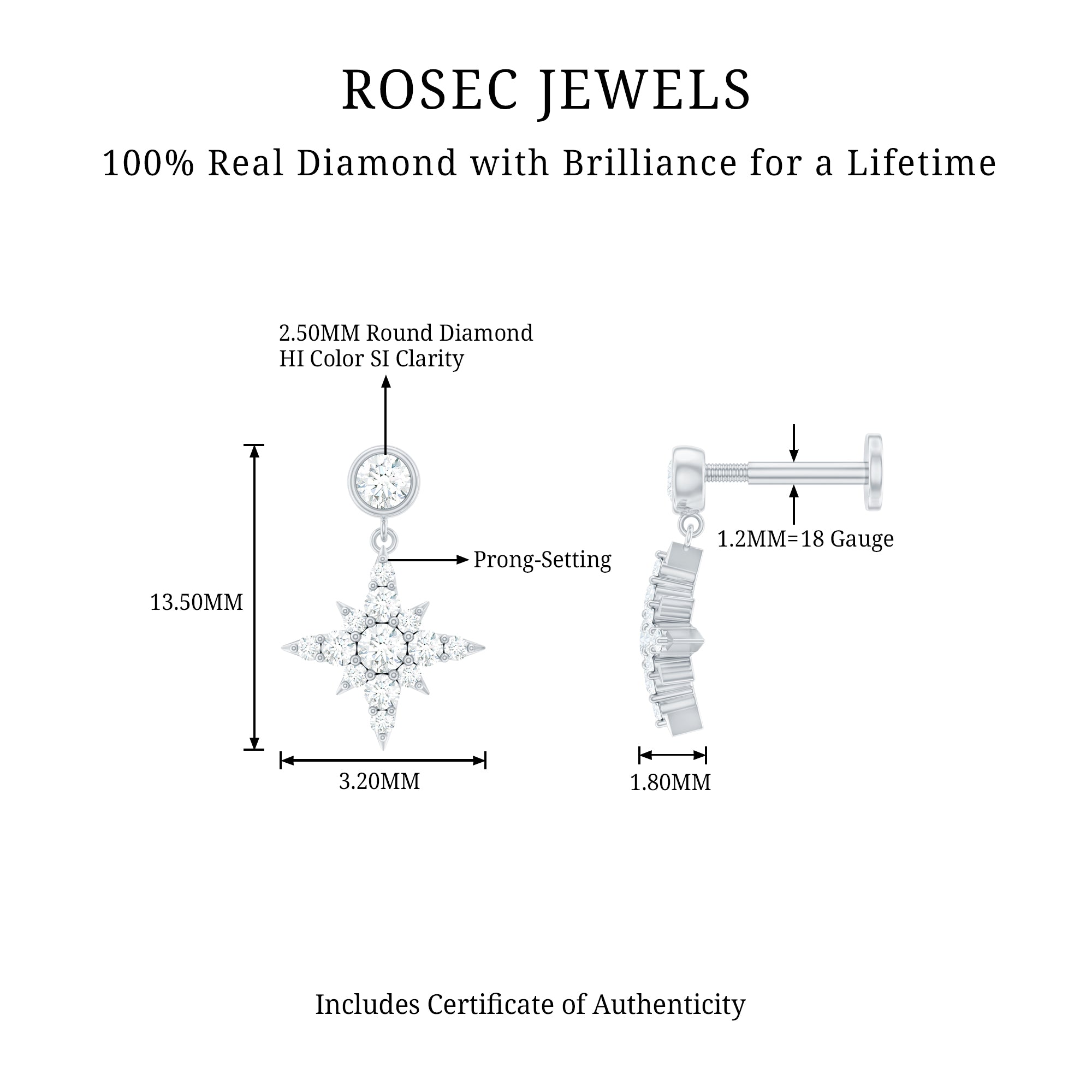 Certified Diamond Starburst Drop Earring for Helix Piercing Natural - ( HI-SI ) - Rosec Jewels