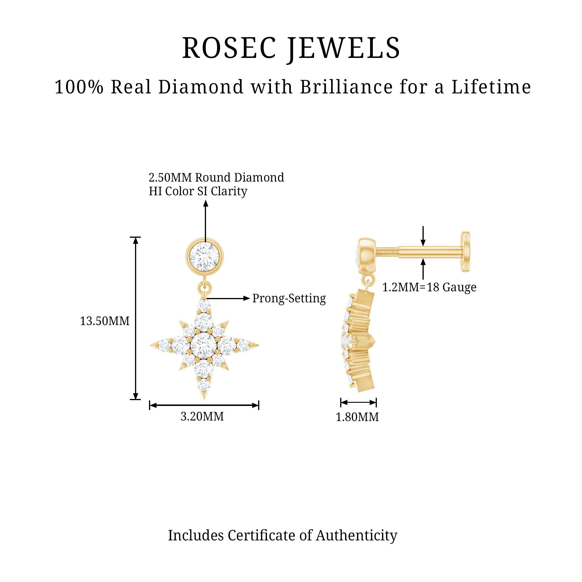Certified Diamond Starburst Drop Earring for Helix Piercing Natural - ( HI-SI ) - Rosec Jewels