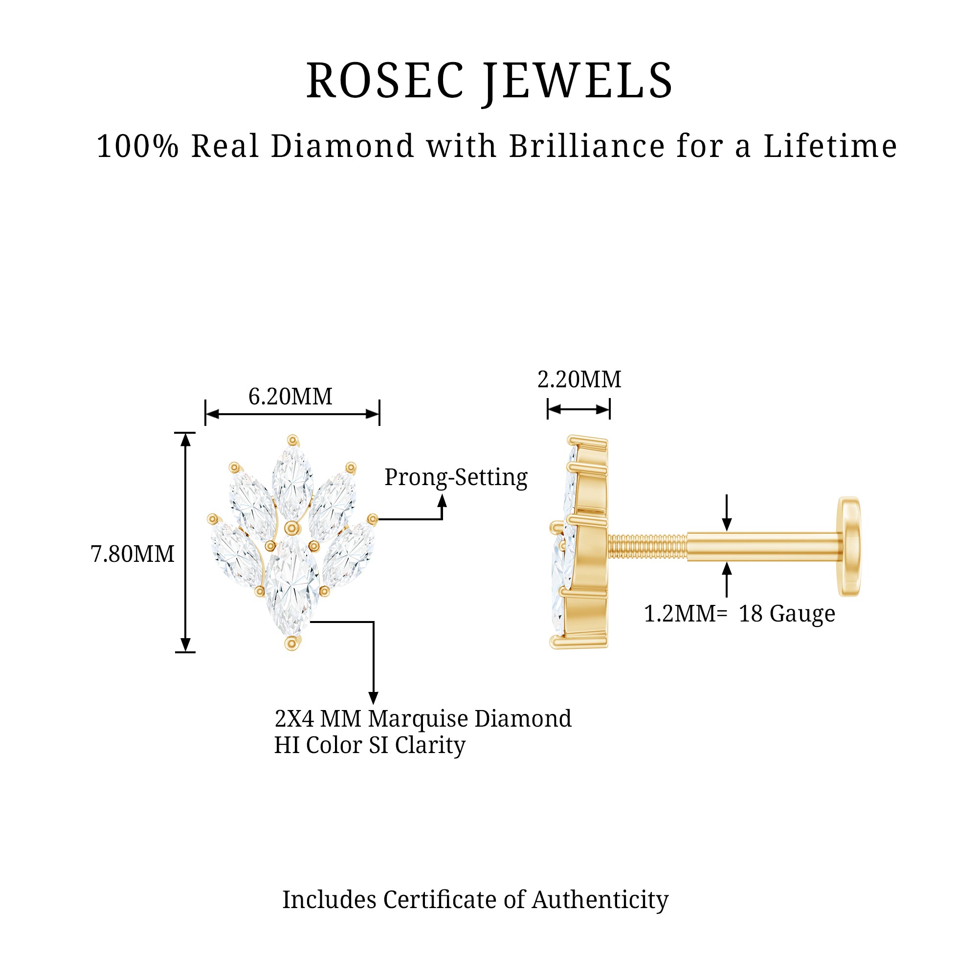 Marquise Diamond Leaf Cluster Helix Earring Natural - ( HI-SI ) - Rosec Jewels