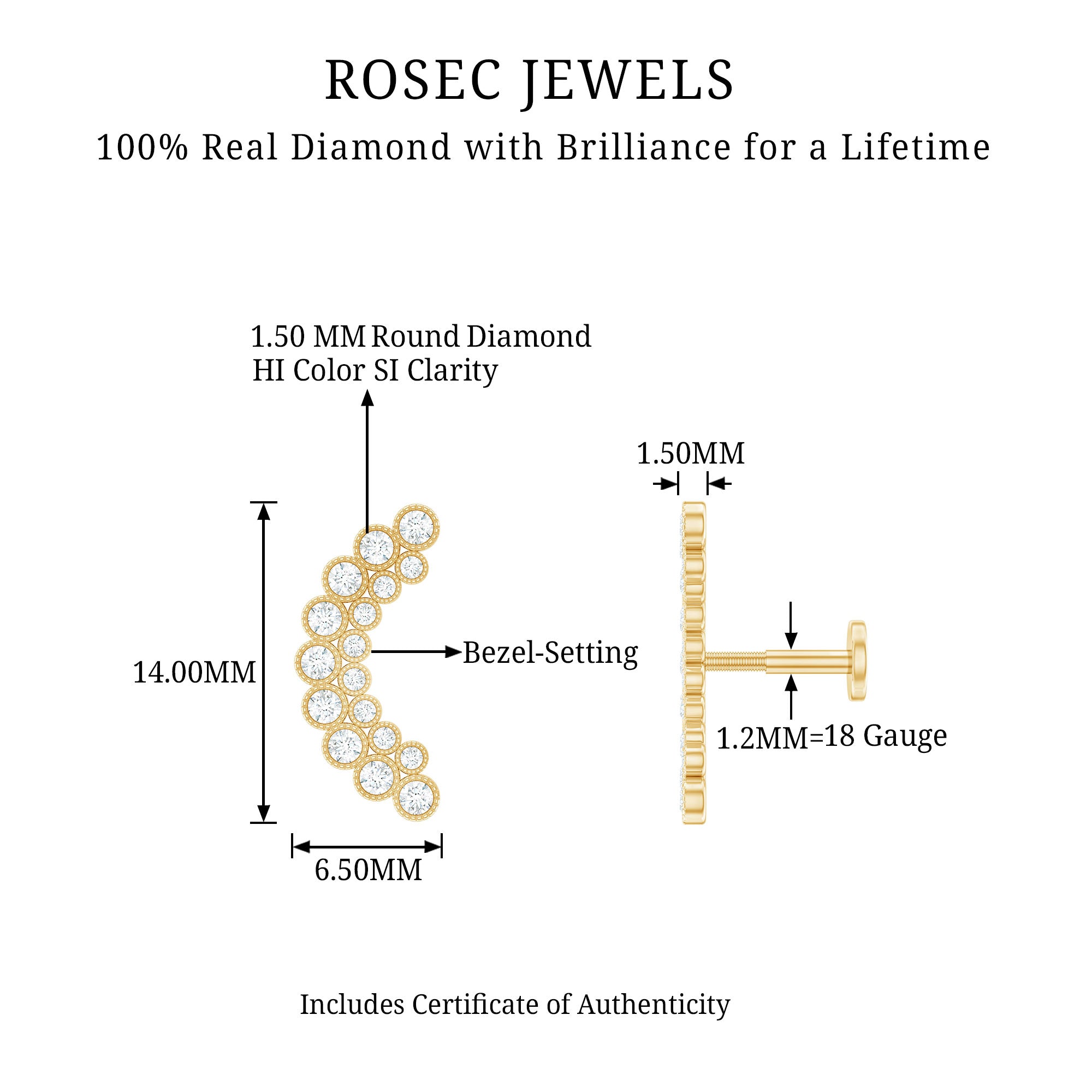 Diamond Curved Crawler Earring in Bezel Set Natural - ( HI-SI ) - Rosec Jewels