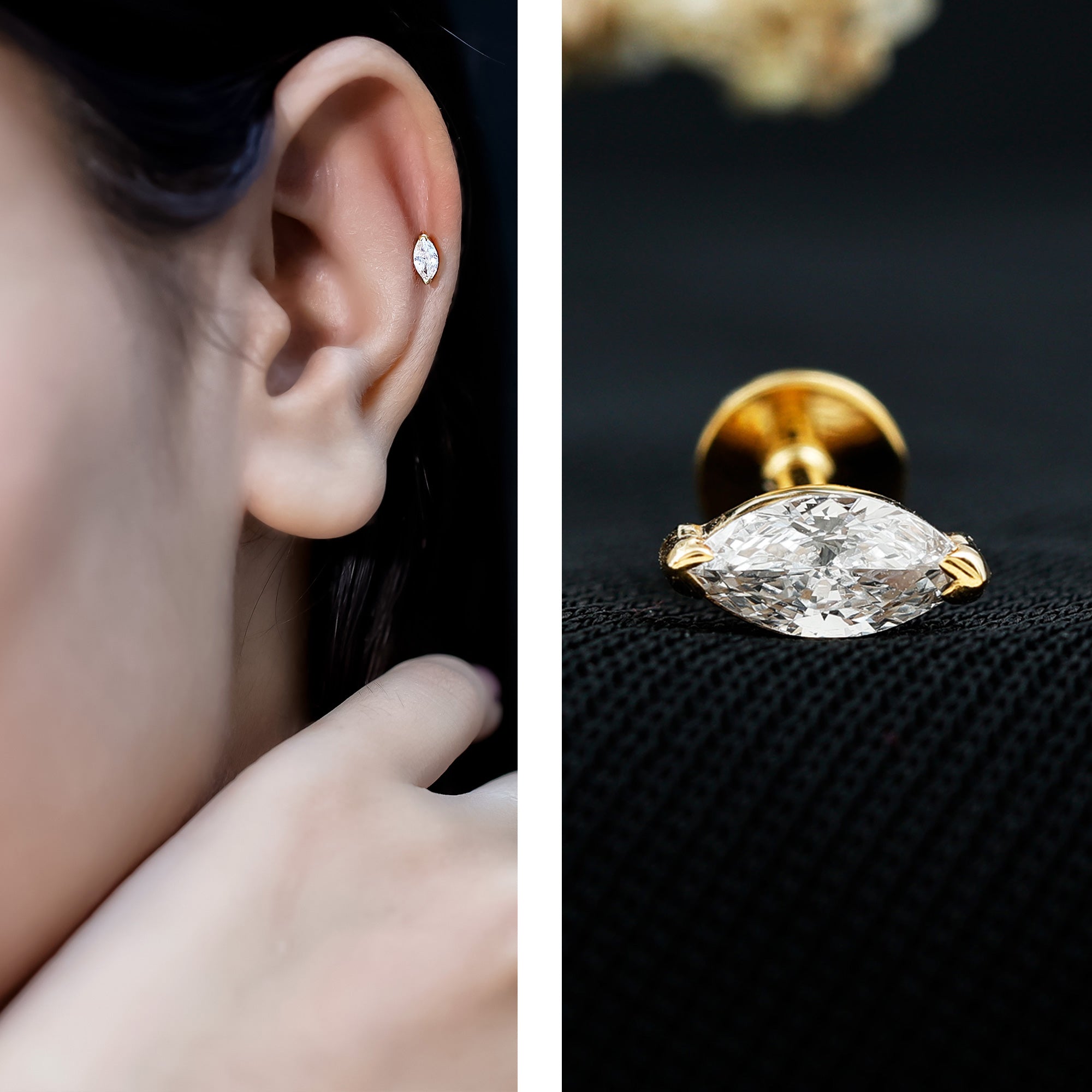 Marquise Diamond Solitaire Earring for Helix Piercing Natural - ( HI-SI ) - Rosec Jewels