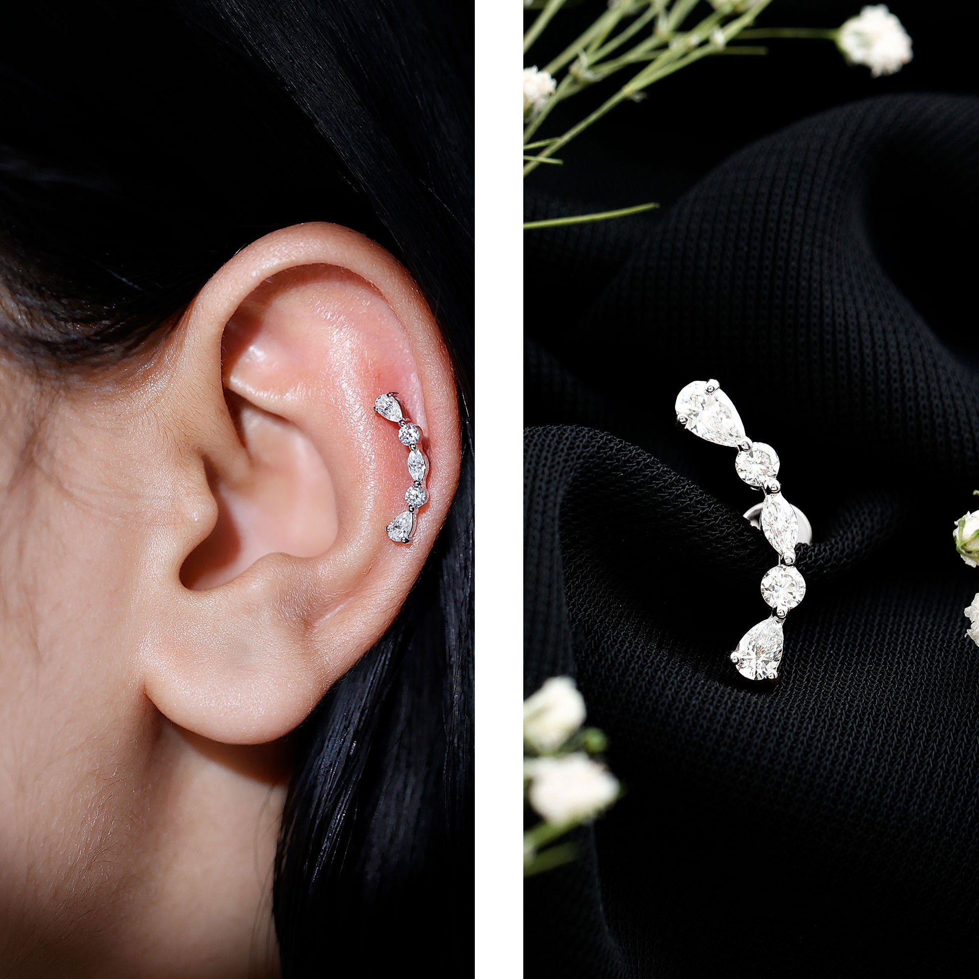 Simple Diamond Curved Crawler Earring for Helix Piercing Natural - ( HI-SI ) - Rosec Jewels