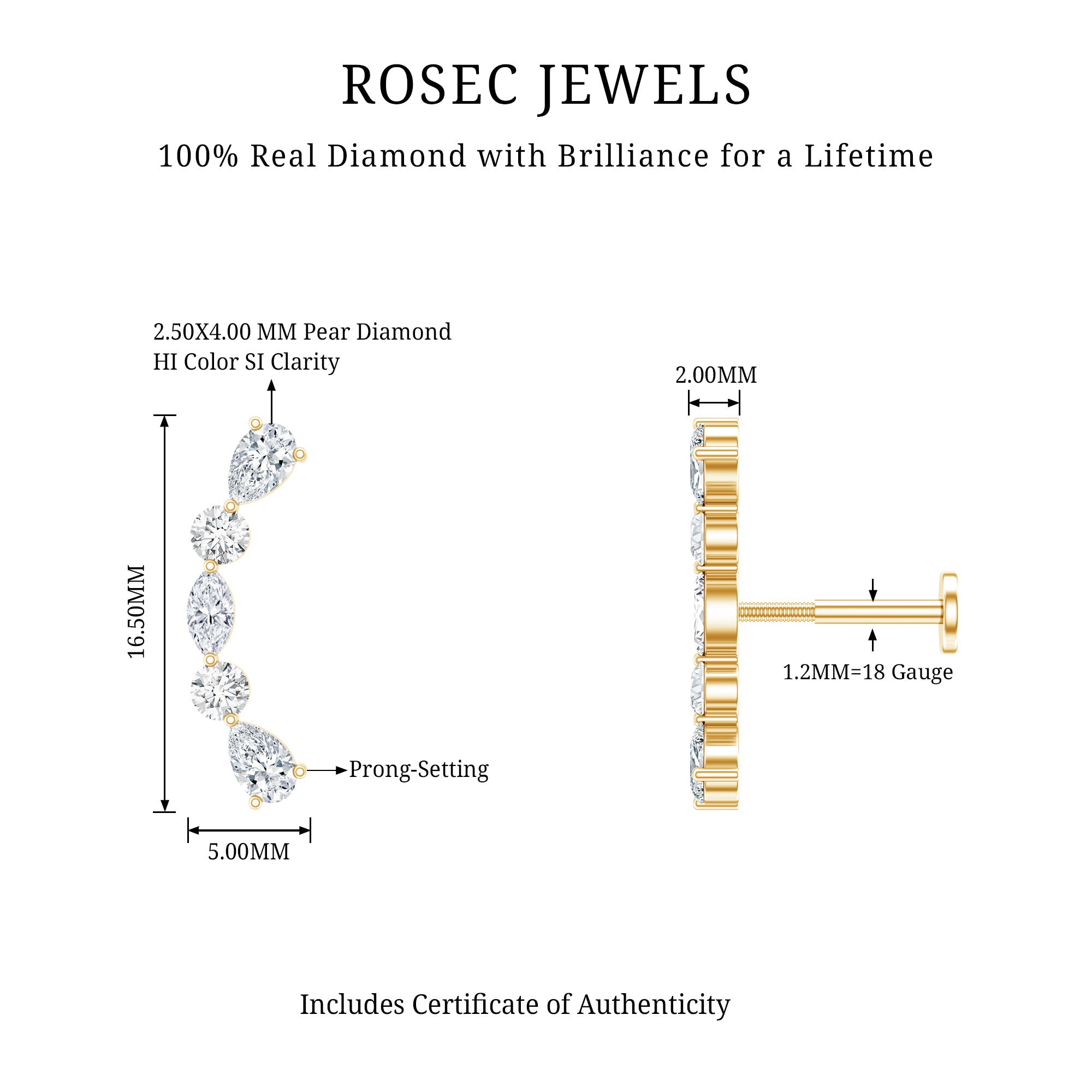 Simple Diamond Curved Crawler Earring for Helix Piercing Natural - ( HI-SI ) - Rosec Jewels