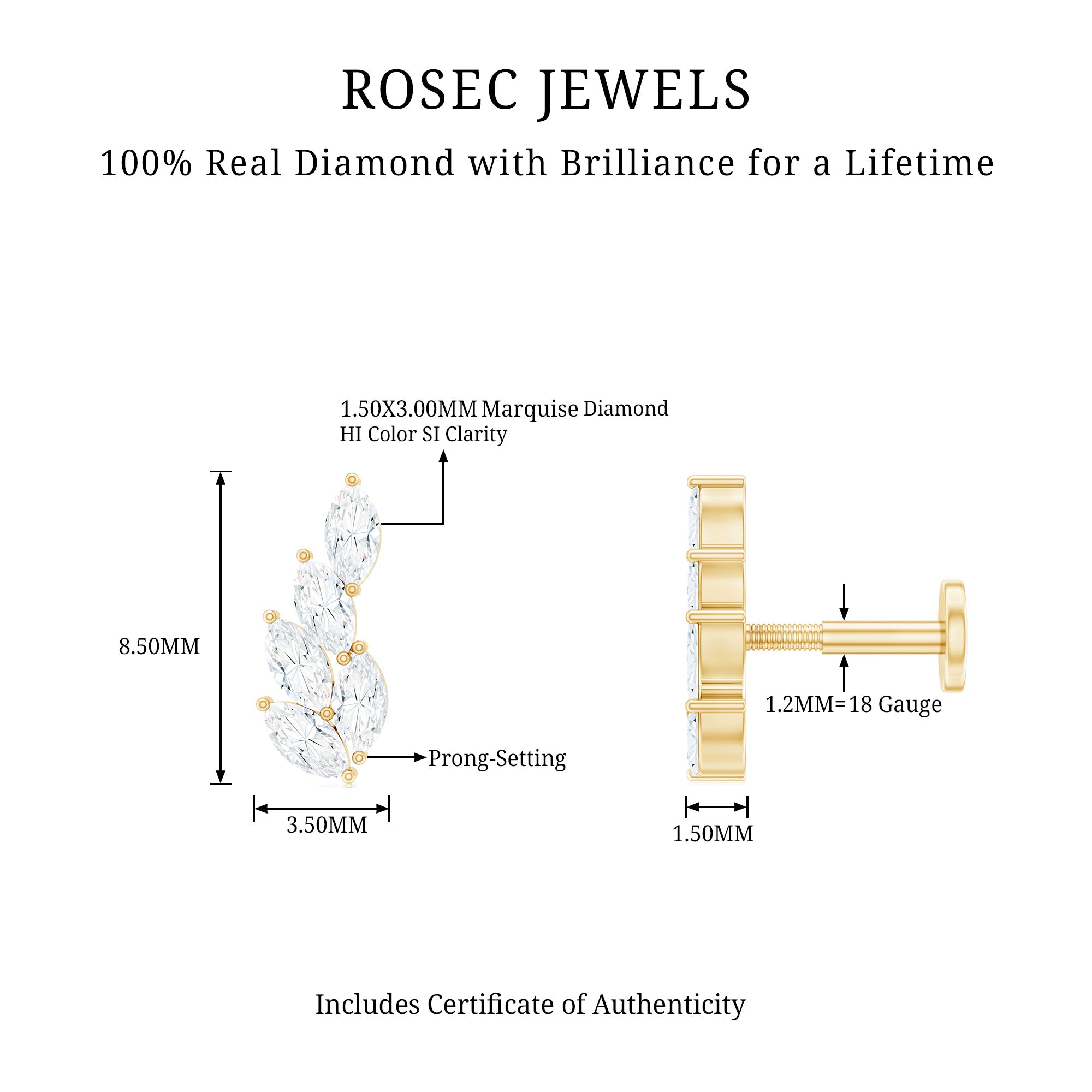 Marquise Diamond Leaf Cluster Earring for Helix Piercing Natural - ( HI-SI ) - Rosec Jewels