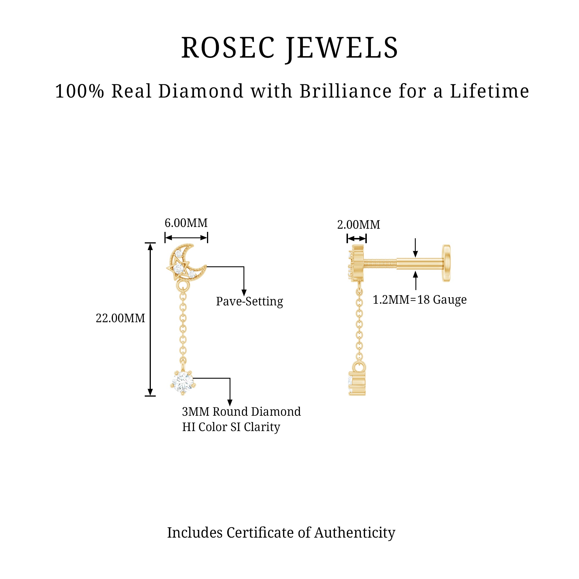 Diamond Moon Chain Earring for Helix Piercing Natural - ( HI-SI ) - Rosec Jewels