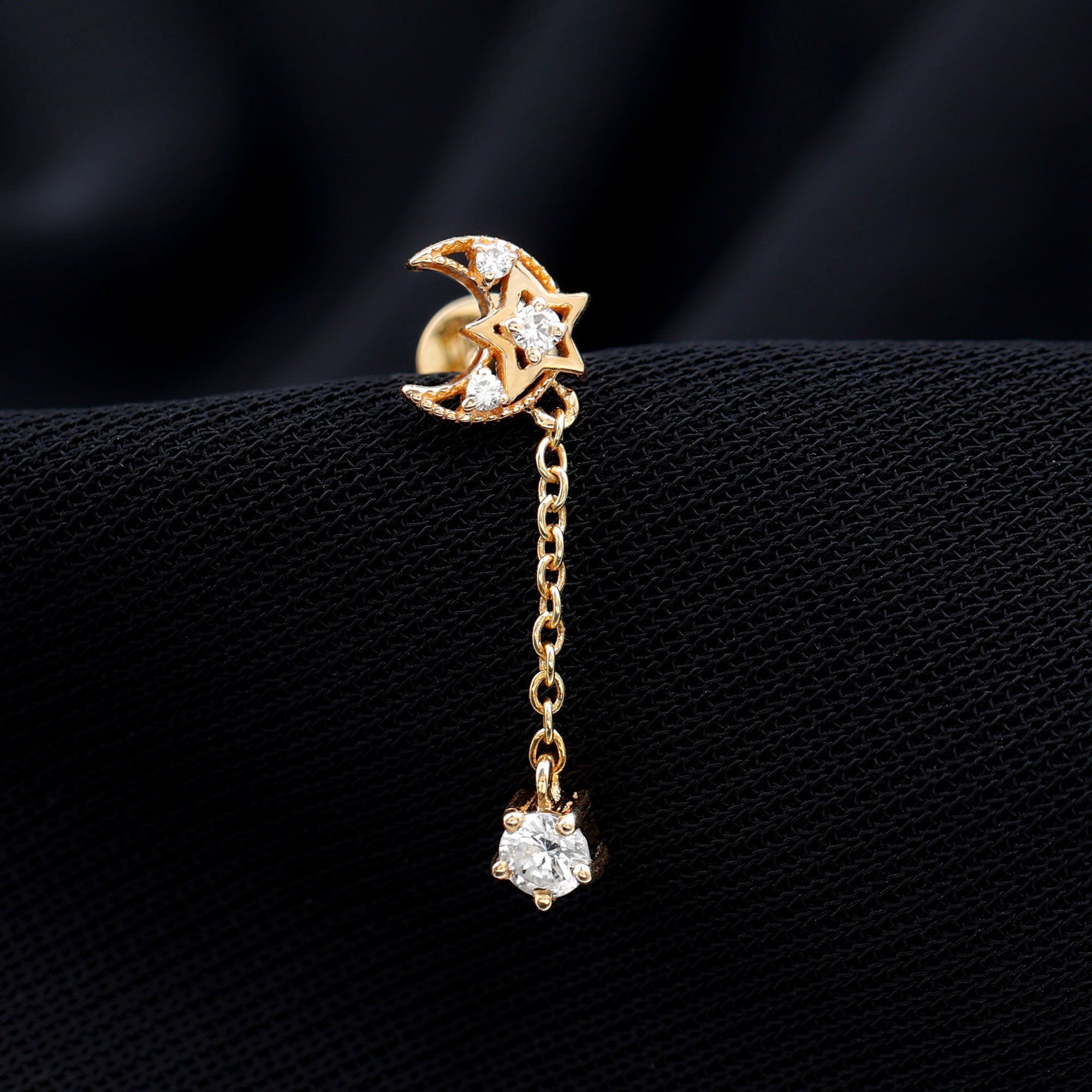 Diamond Moon Chain Earring for Helix Piercing Natural - ( HI-SI ) - Rosec Jewels