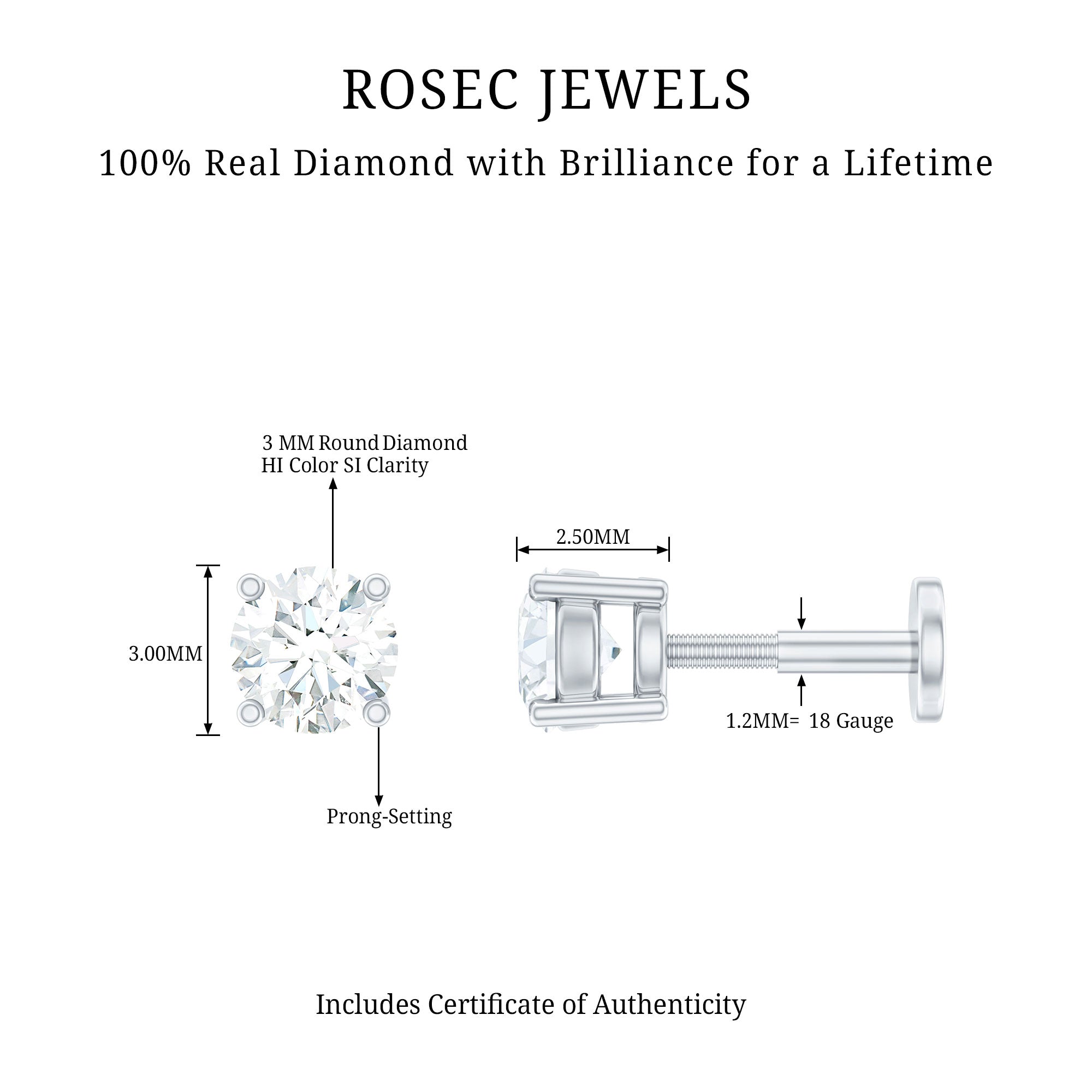 Minimalist Diamond Solitaire Earring for Tragus Piercing Natural - ( HI-SI ) - Rosec Jewels