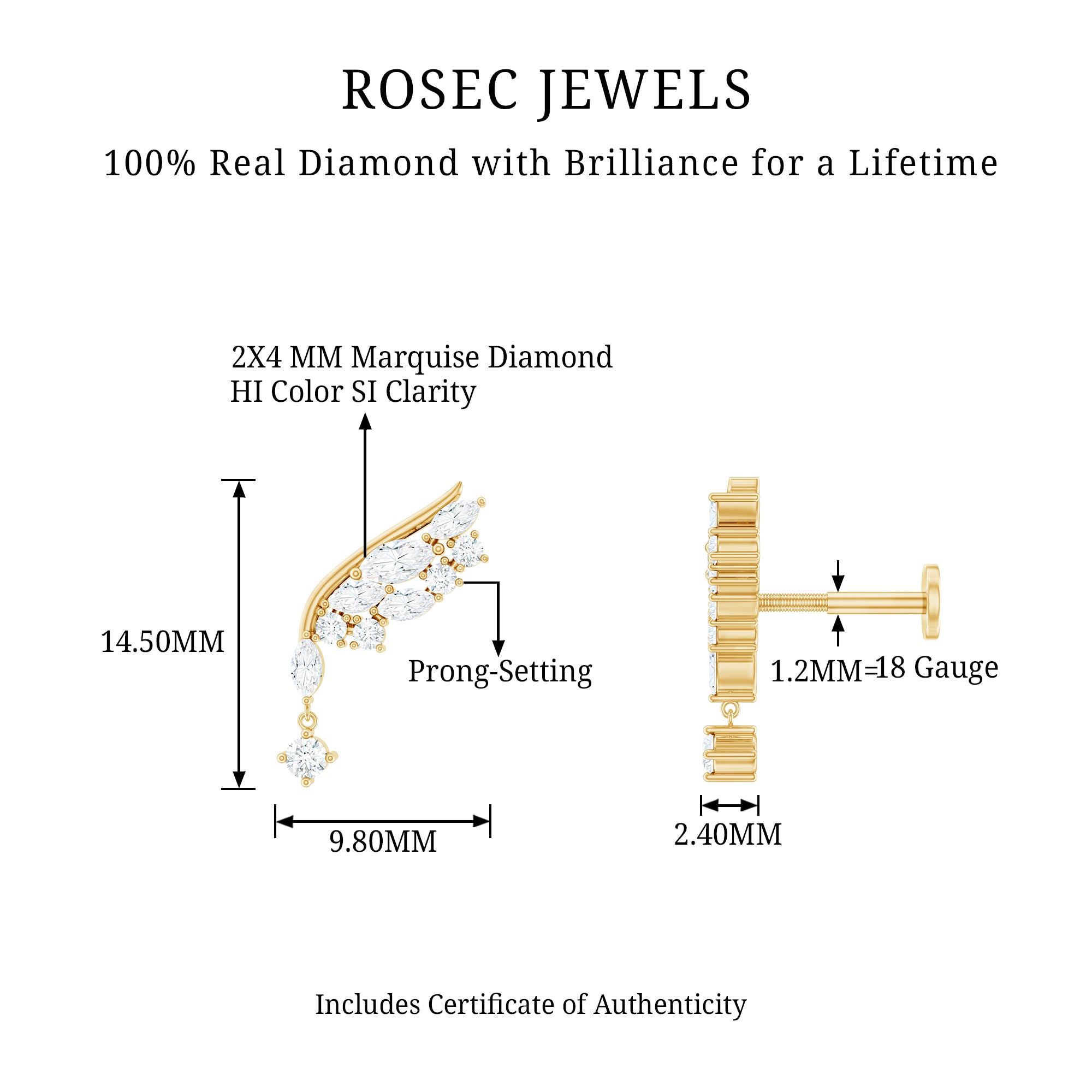 Brilliant Cut Diamond Wing Helix Drop Earring with Flat Back Natural - ( HI-SI ) - Rosec Jewels
