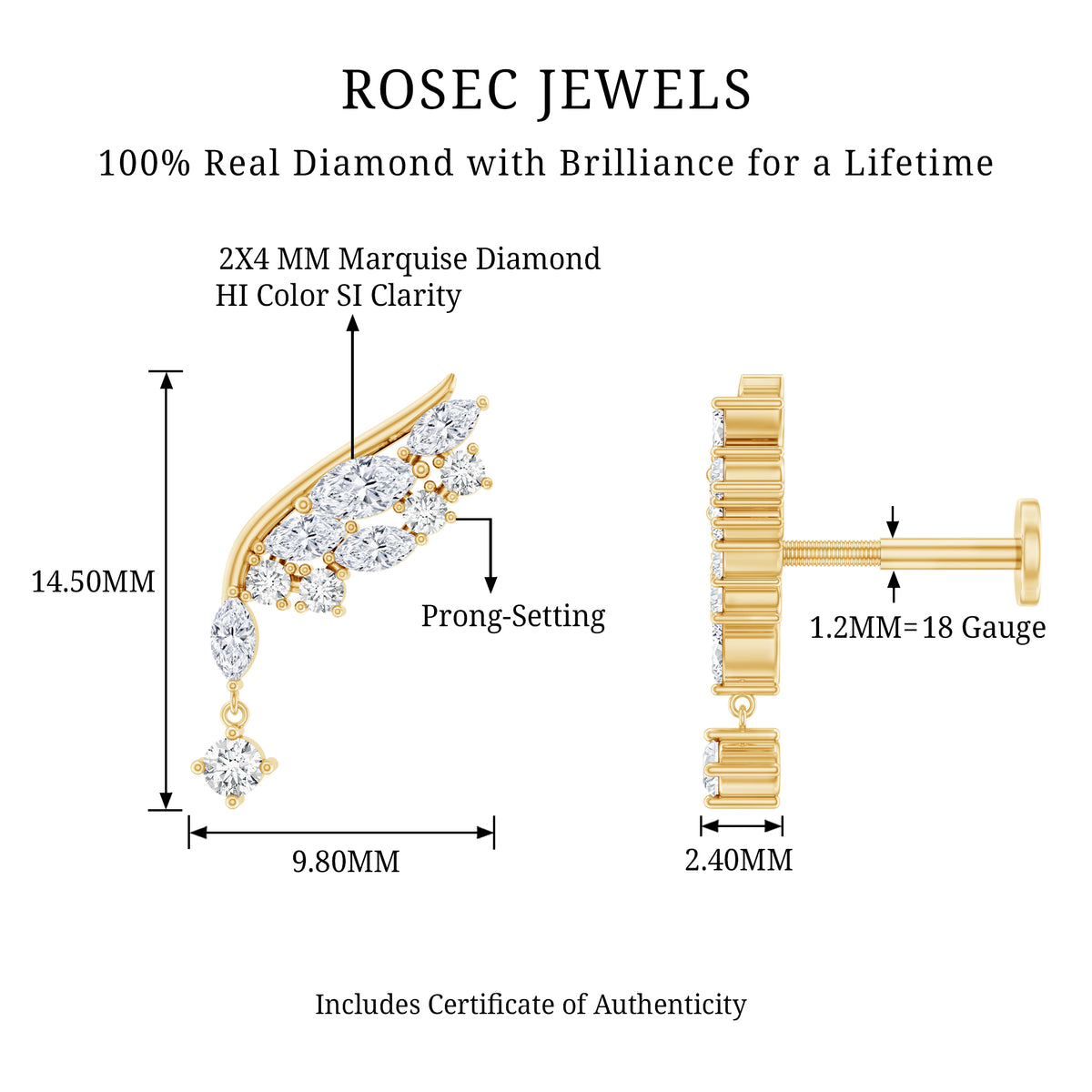 Brilliant Cut Diamond Wing Helix Drop Earring with Flat Back Natural - ( HI-SI ) - Rosec Jewels