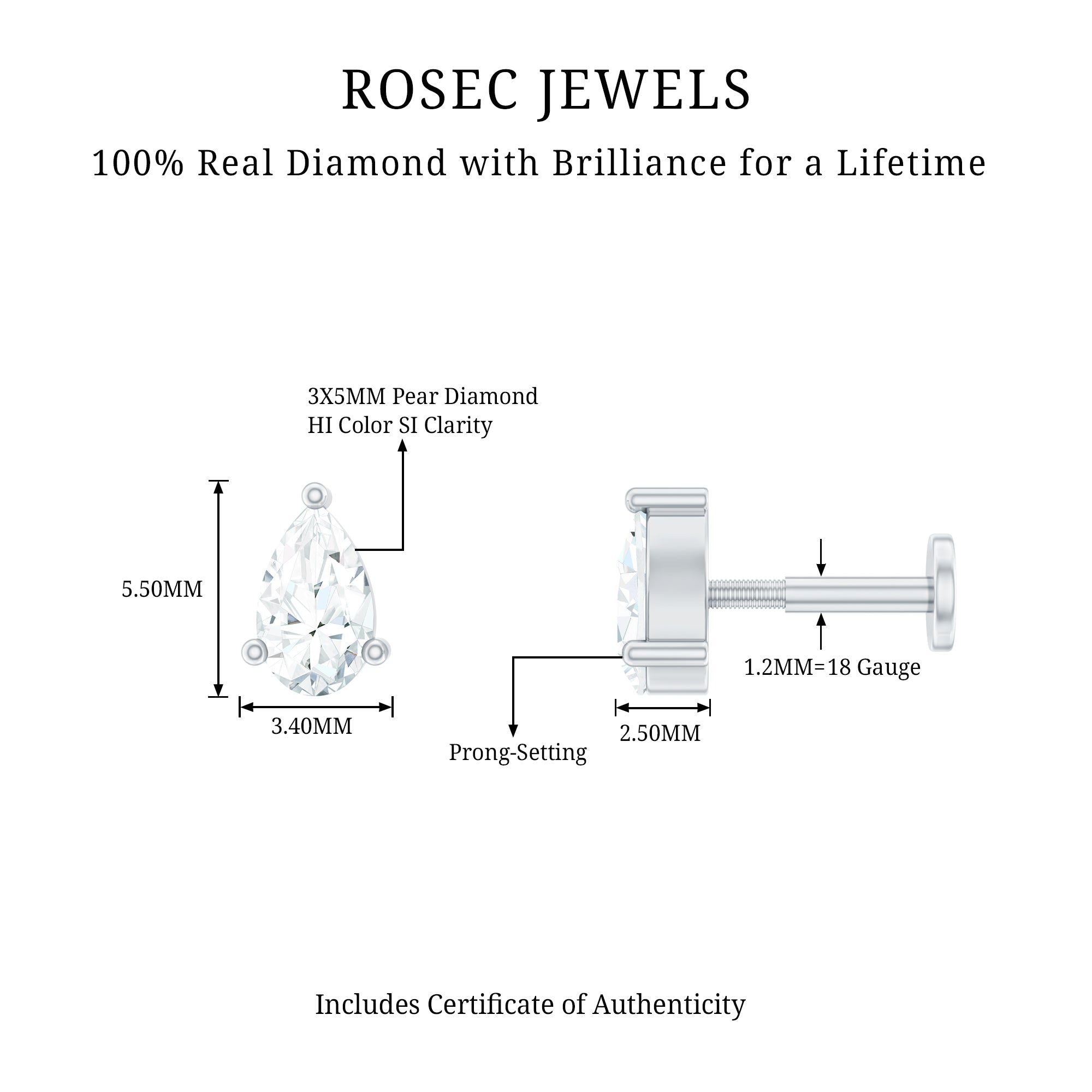 Solitaire Pear Shape Diamond Earring for Tragus Piercing Natural - ( HI-SI ) - Rosec Jewels