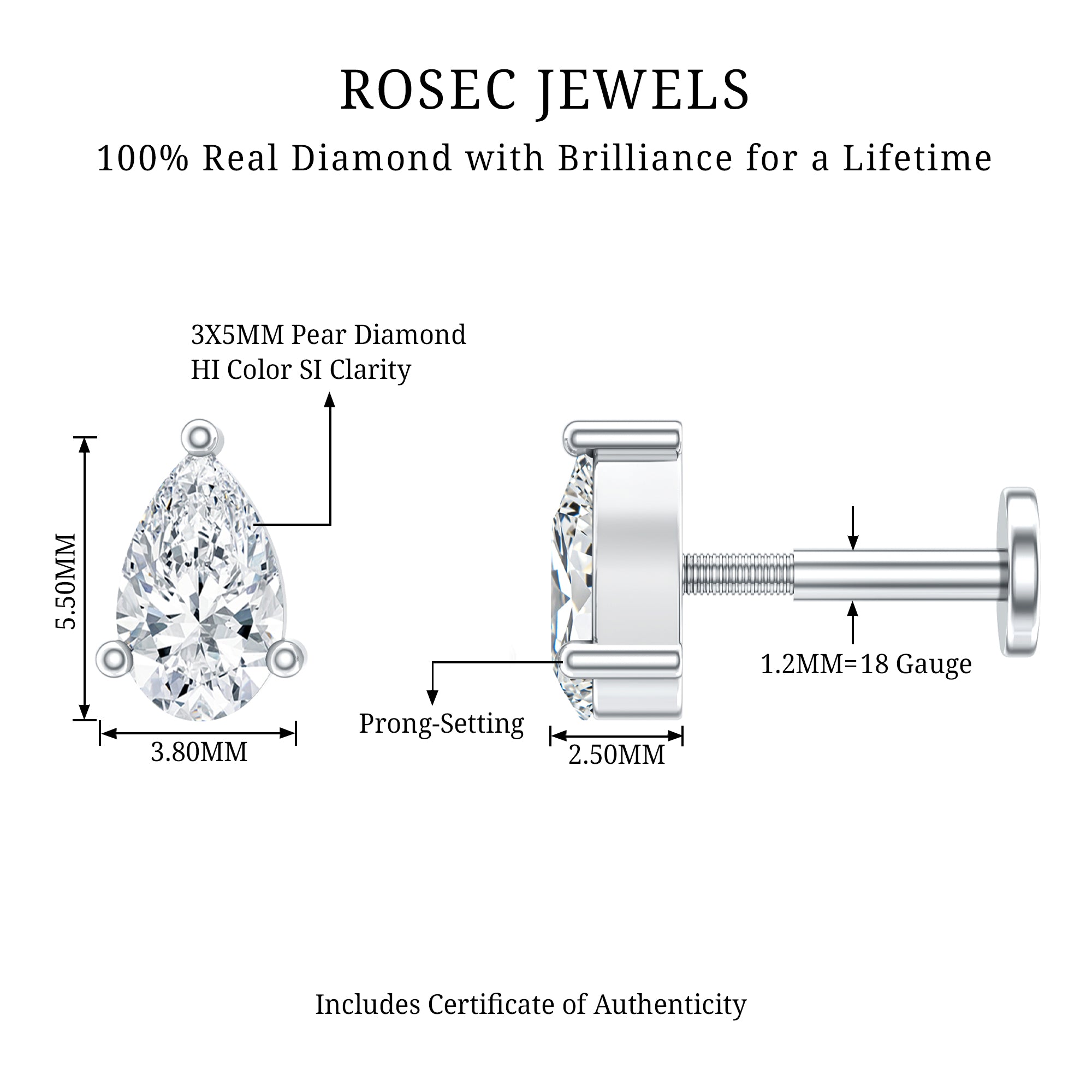 Solitaire Pear Shape Diamond Earring for Tragus Piercing Natural - ( HI-SI ) - Rosec Jewels