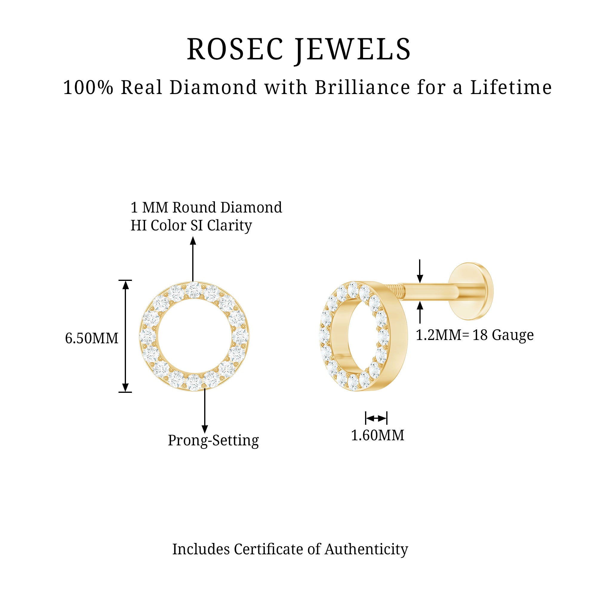 Brilliant Cut Diamond Circle Earring for Helix Piercing Natural - ( HI-SI ) - Rosec Jewels