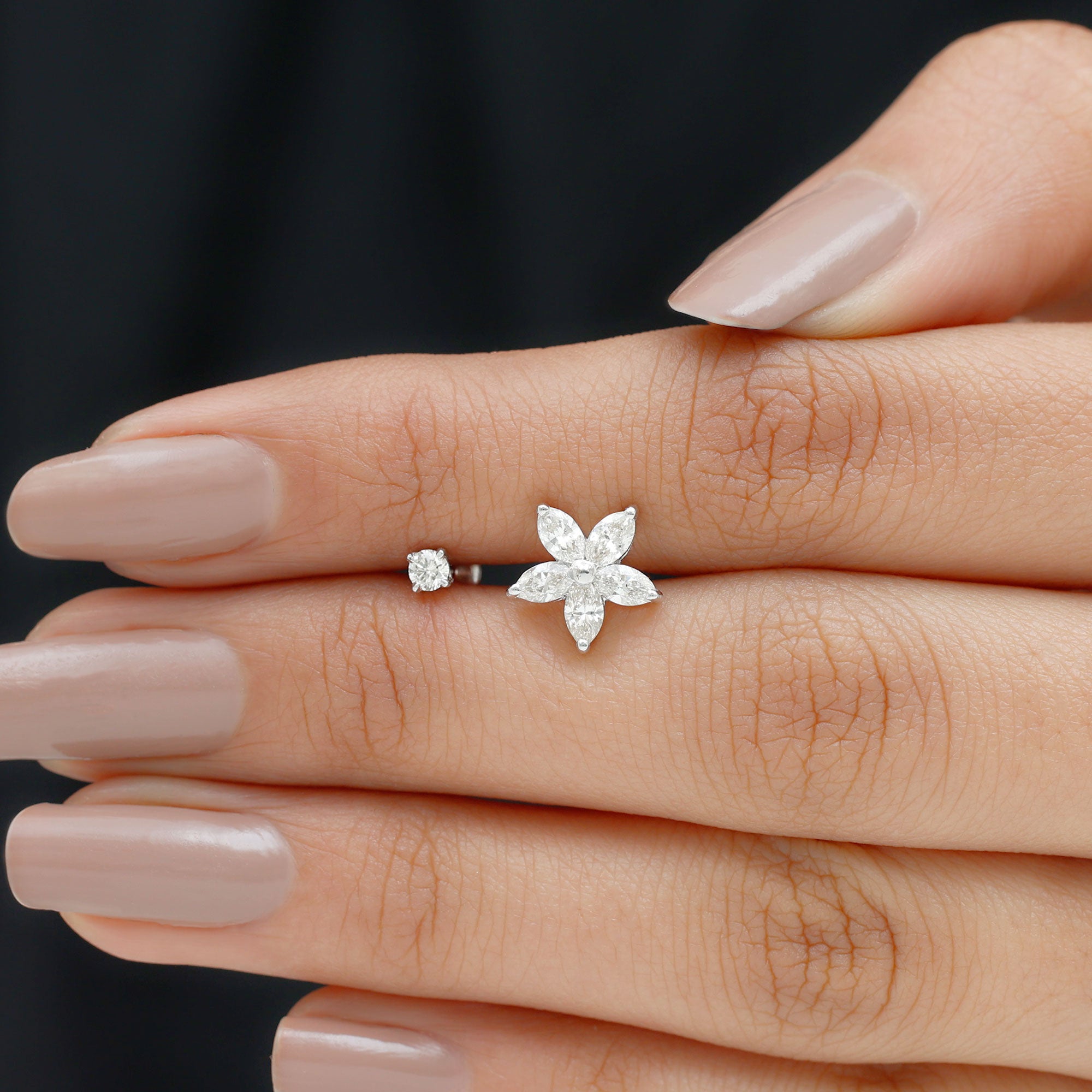 Marquise Diamond Flower Cartilage Earring Set Natural - ( HI-SI ) - Rosec Jewels