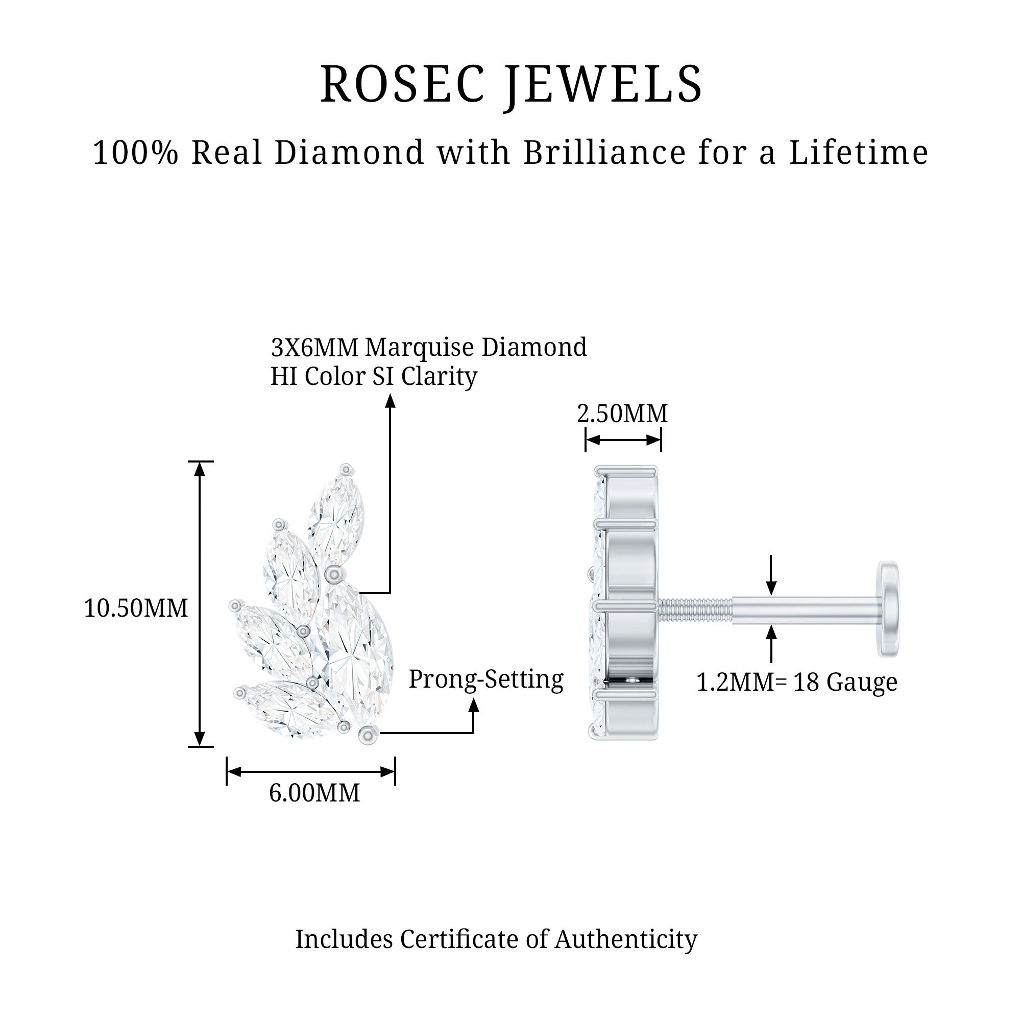 Marquise Diamond Cluster Helix Earring with Flat Back Natural - ( HI-SI ) - Rosec Jewels