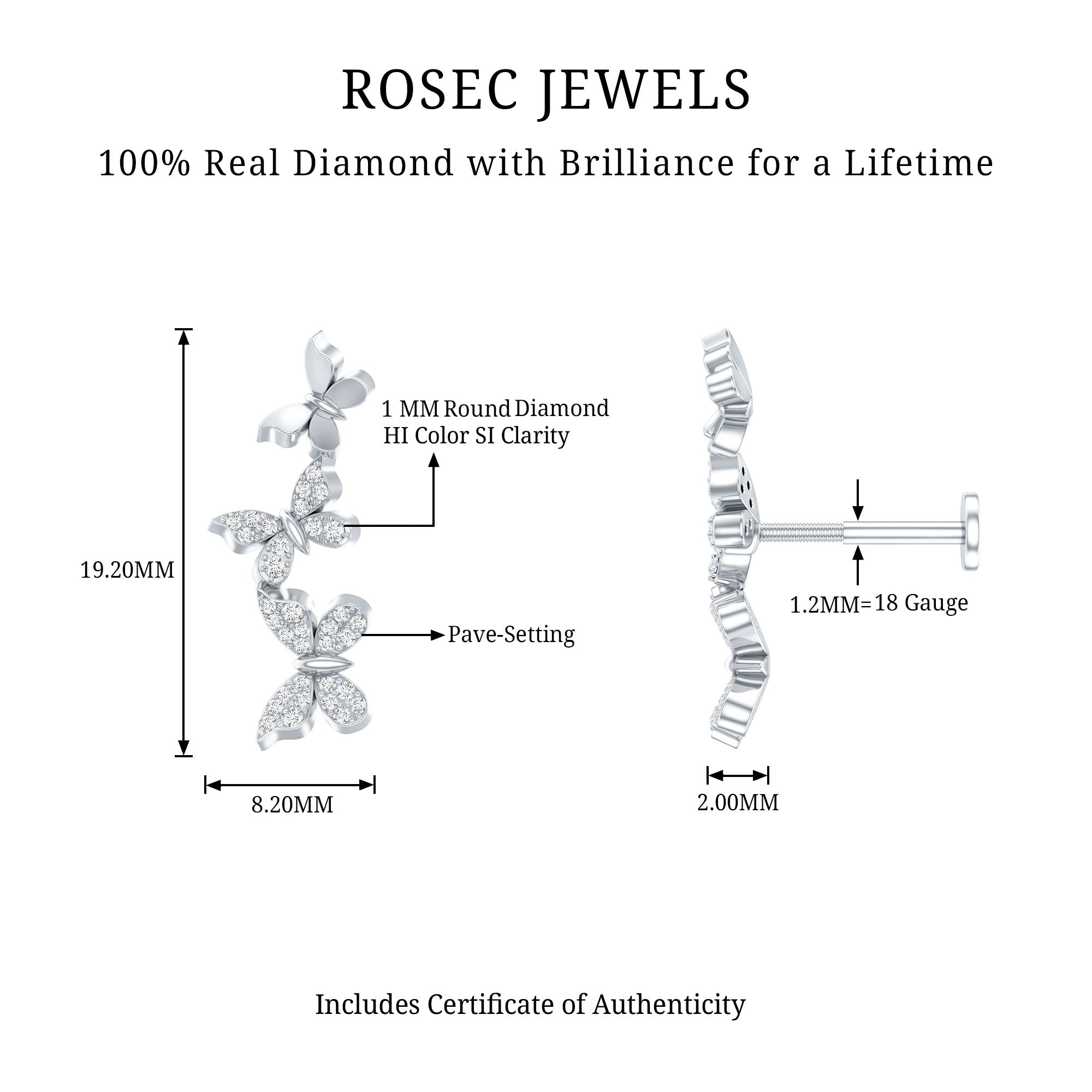 Diamond Butterfly Crawler Earring for Helix Piercing Natural - ( HI-SI ) - Rosec Jewels