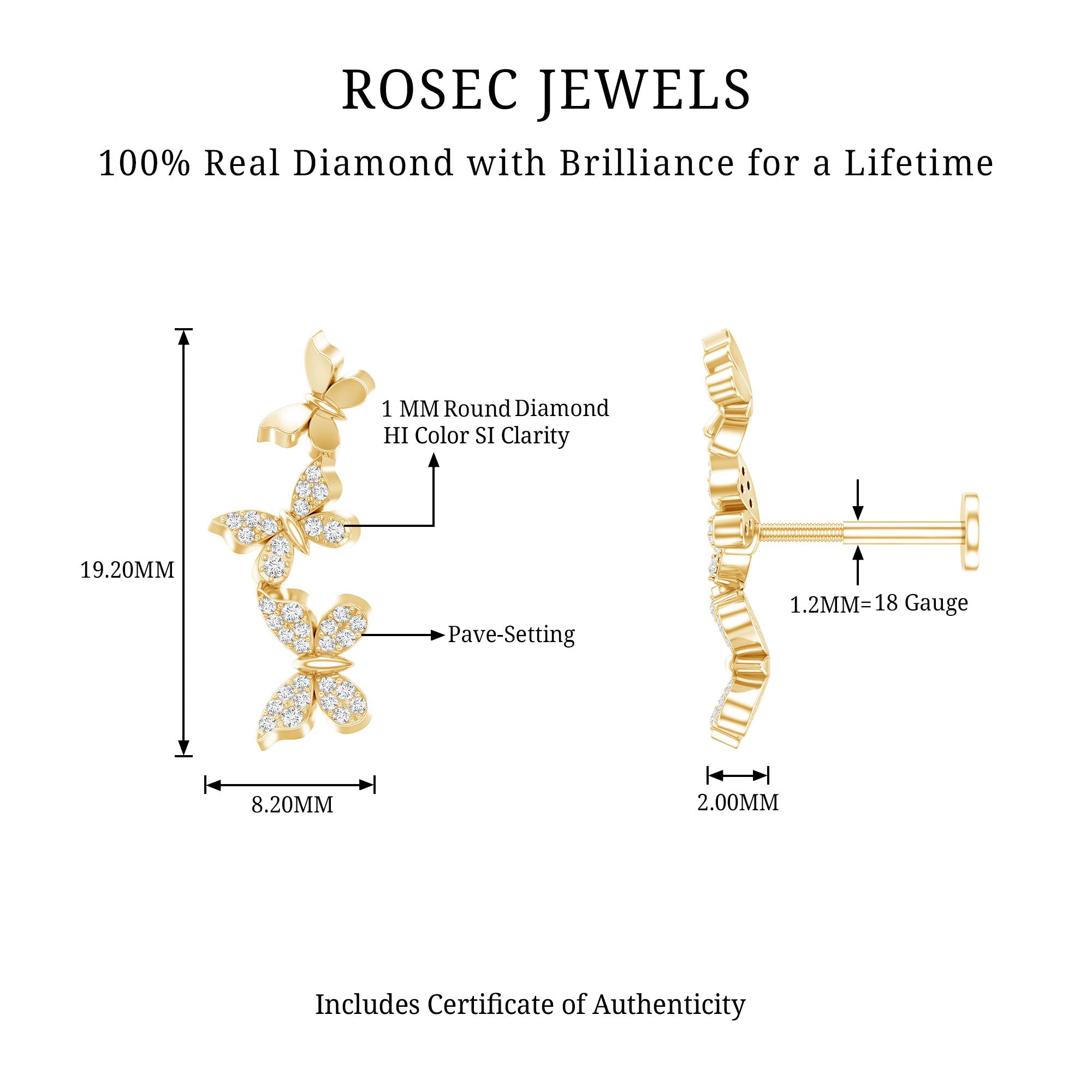 Diamond Butterfly Crawler Earring for Helix Piercing Natural - ( HI-SI ) - Rosec Jewels