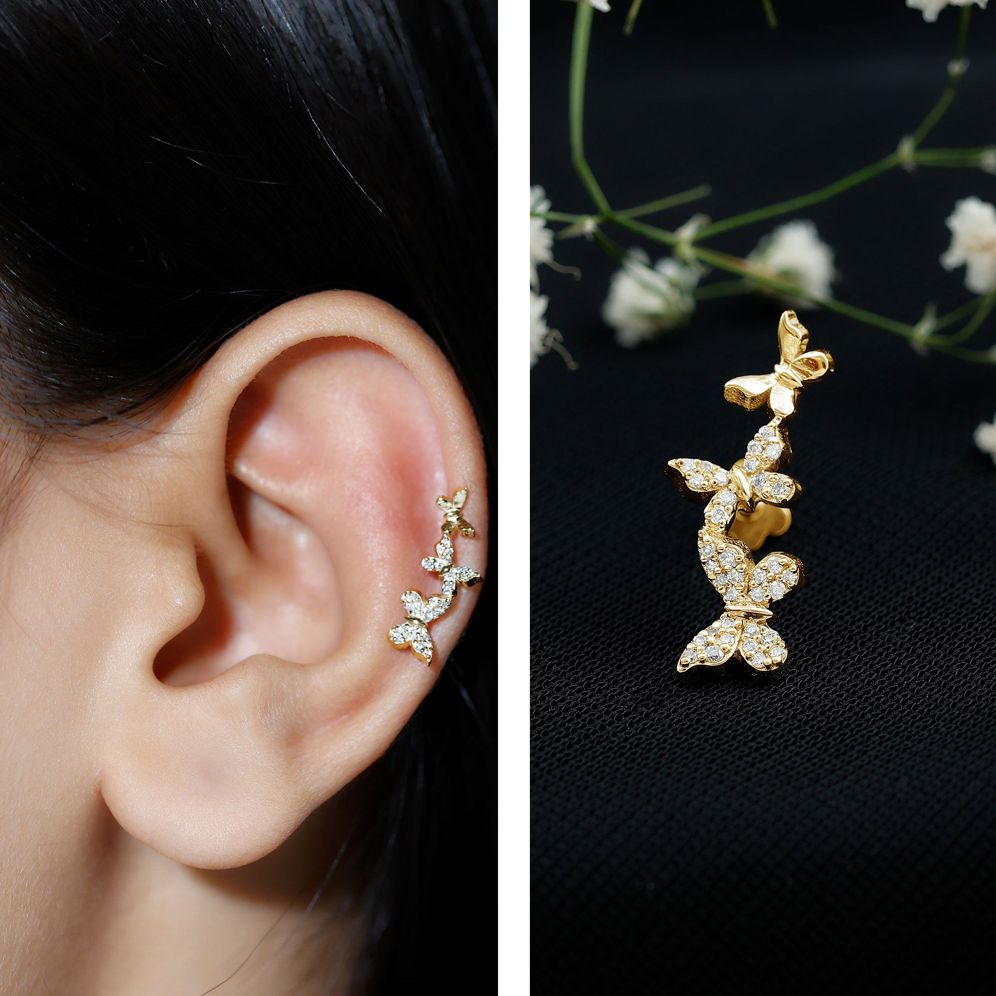 Diamond Butterfly Crawler Earring for Helix Piercing Natural - ( HI-SI ) - Rosec Jewels