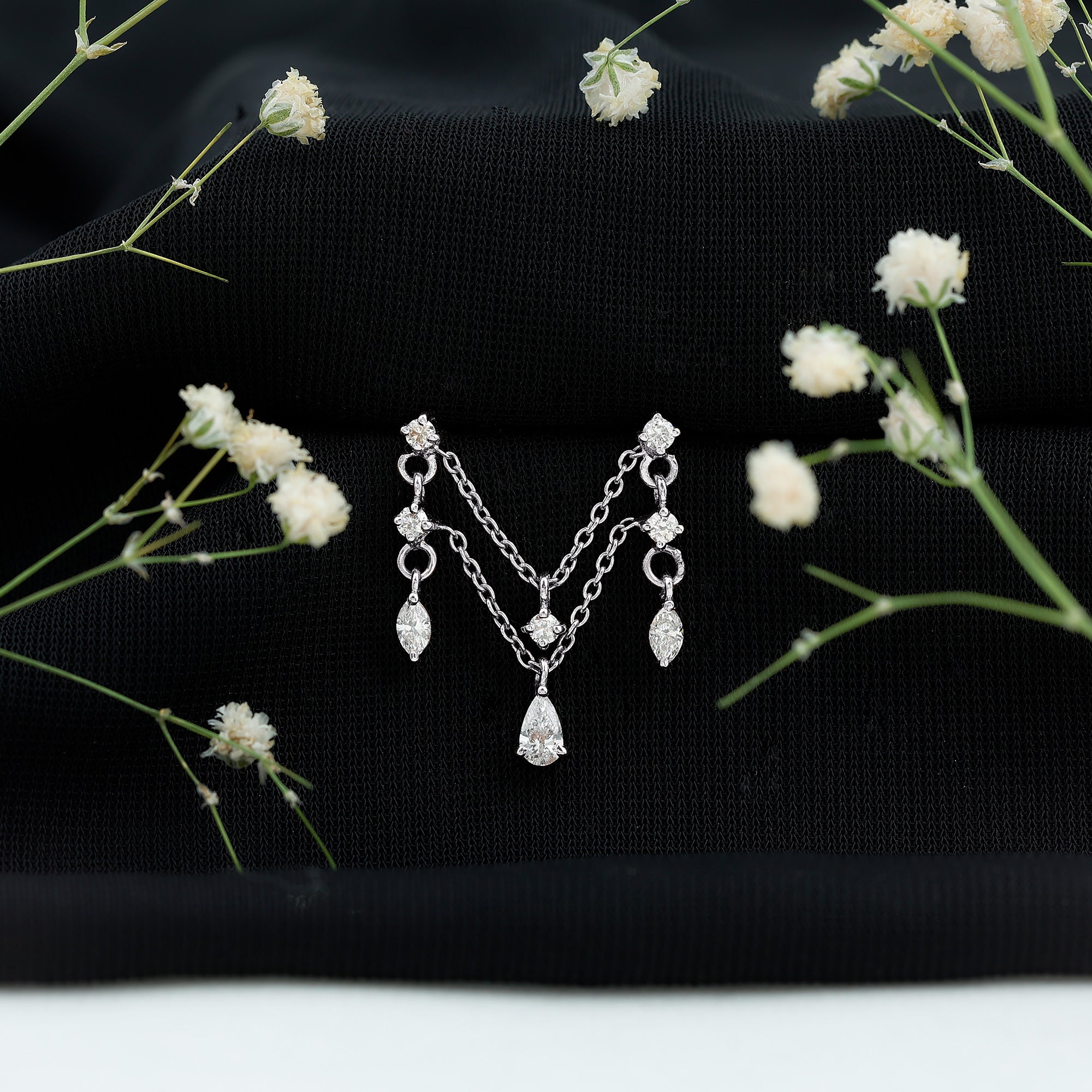 Brilliant Cut Diamond Double Chain Drop Earring for Cartilage Piercing Natural - ( HI-SI ) - Rosec Jewels