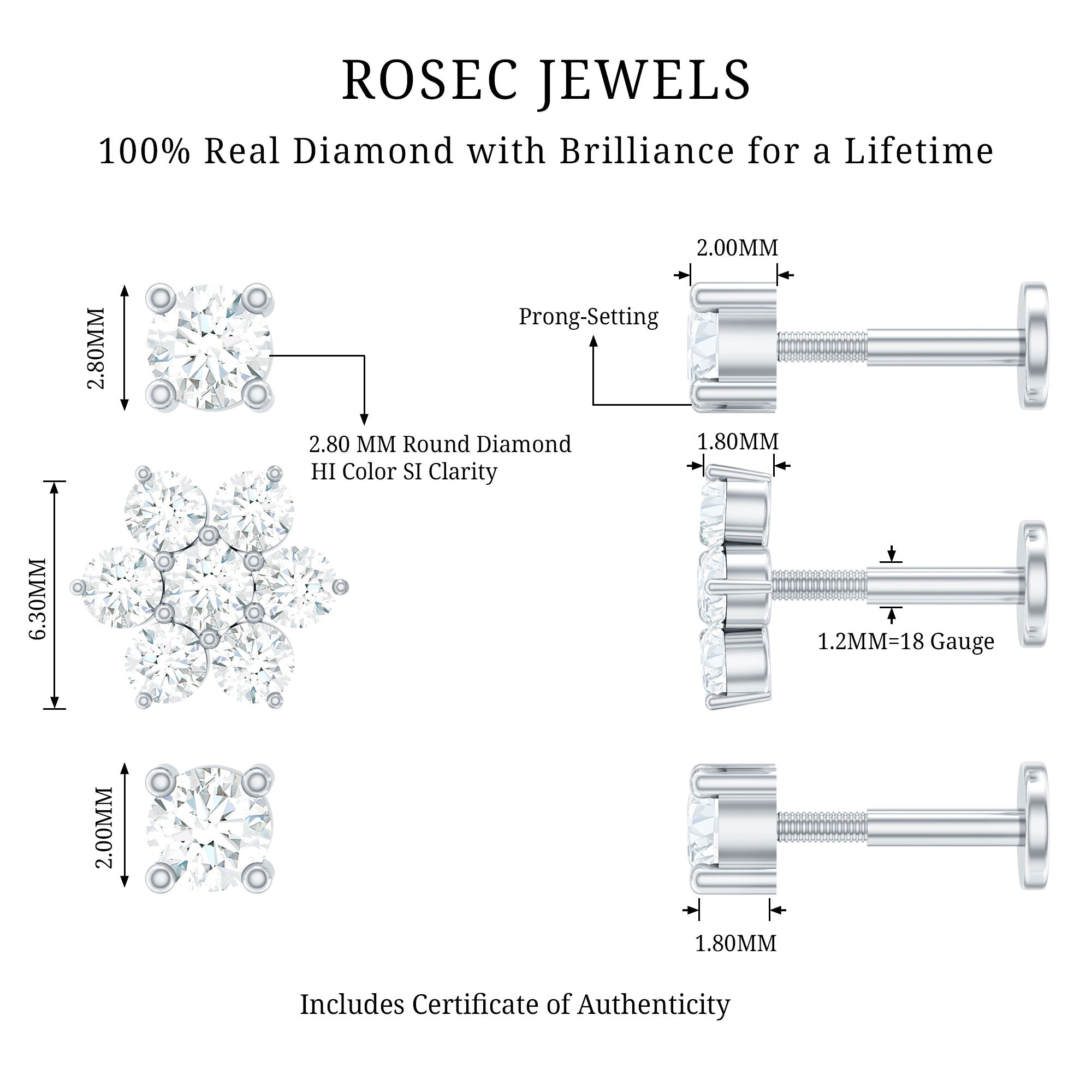Certified Diamond Flower Helix Earring Set of 3 Natural - ( HI-SI ) - Rosec Jewels