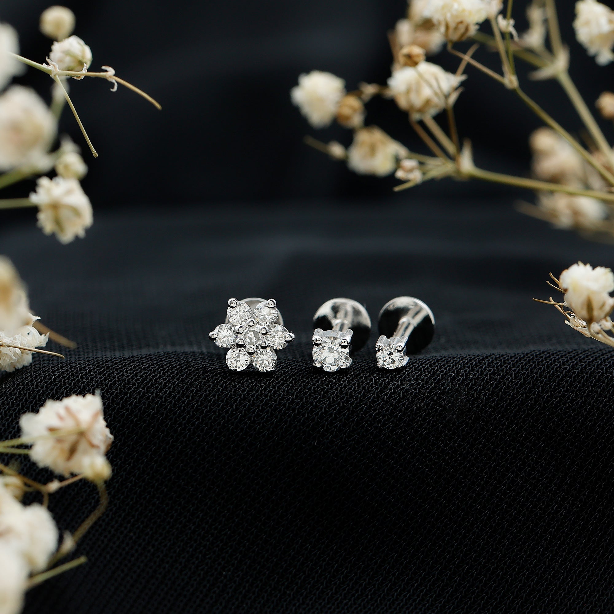 Certified Diamond Flower Helix Earring Set of 3 Natural - ( HI-SI ) - Rosec Jewels