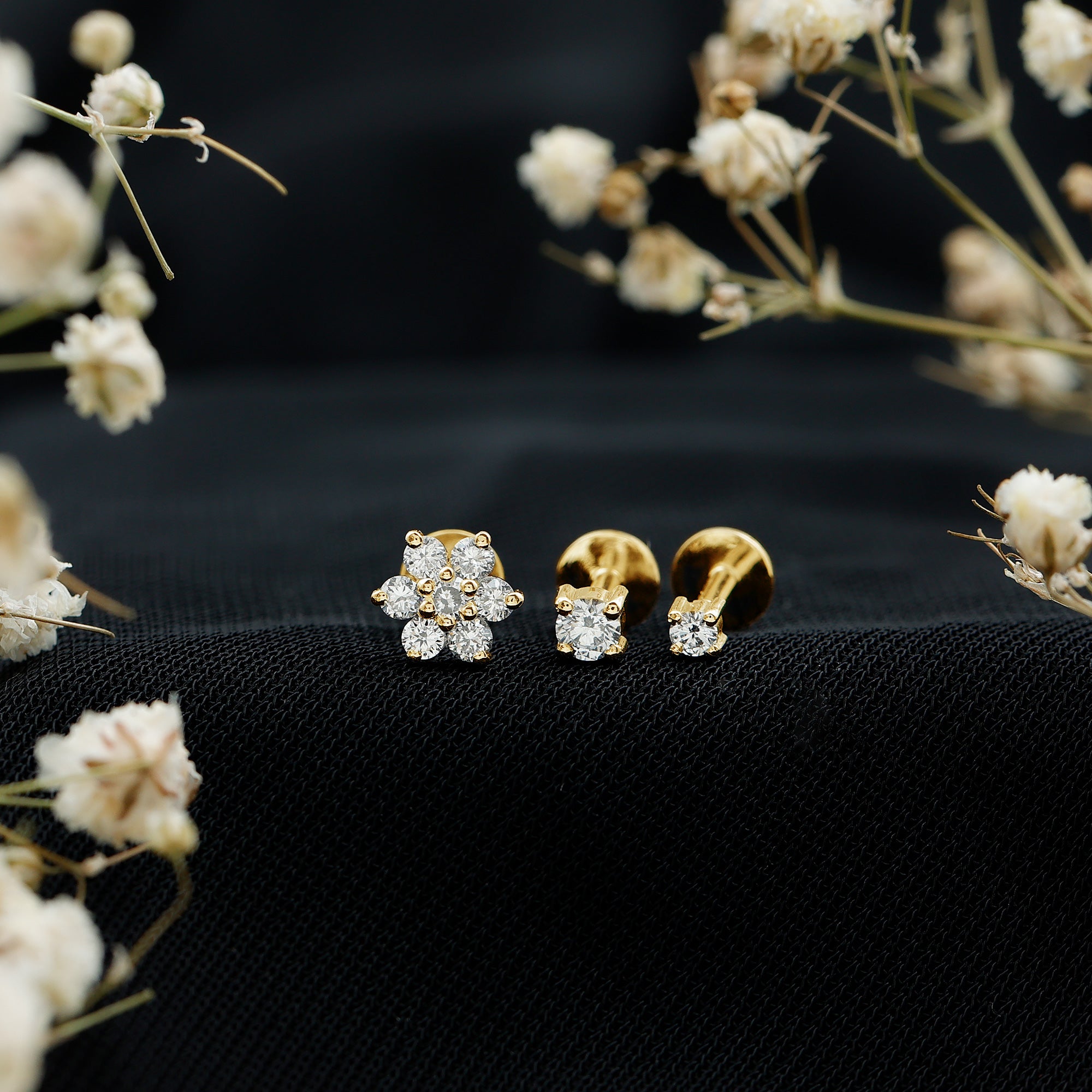 Certified Diamond Flower Helix Earring Set of 3 Natural - ( HI-SI ) - Rosec Jewels