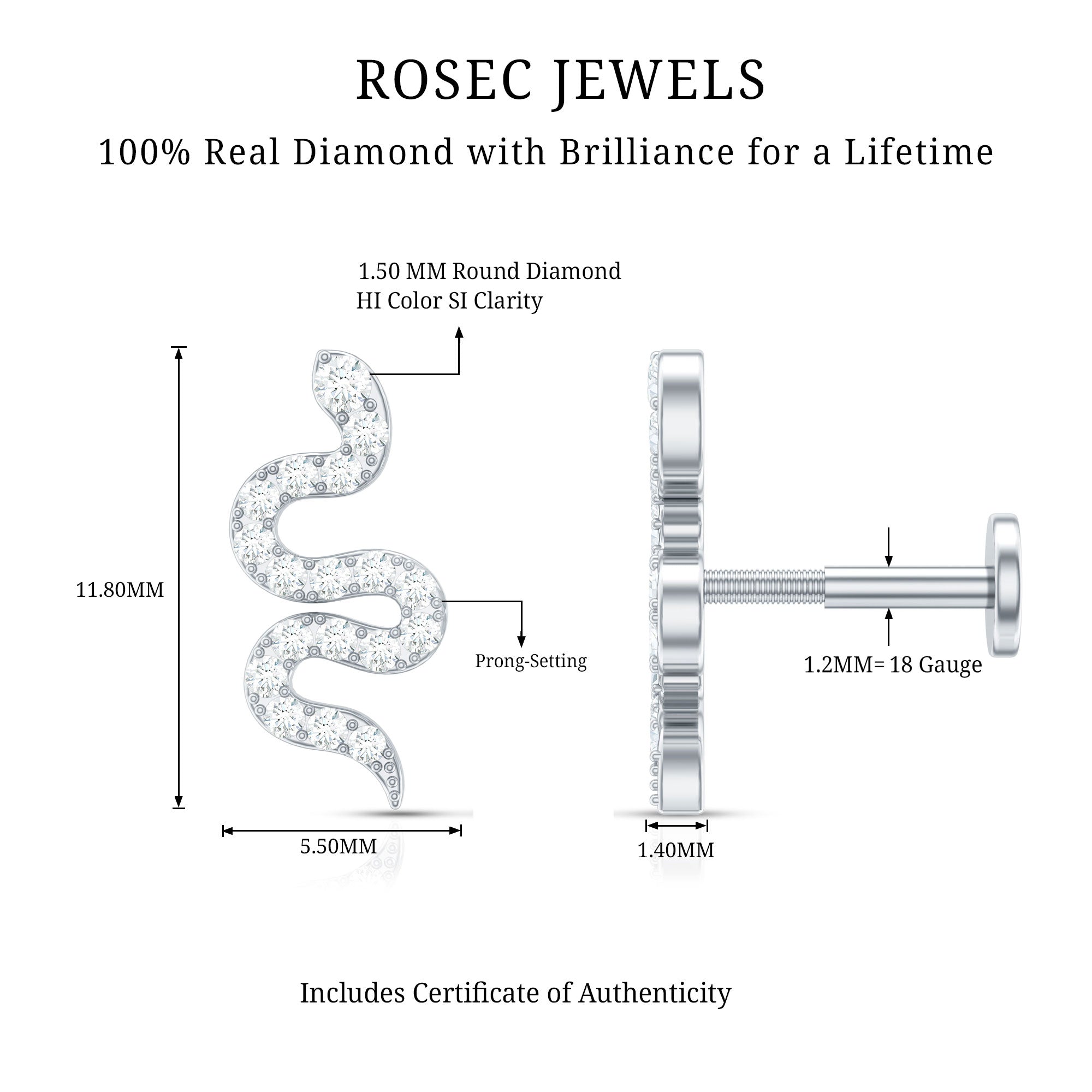Certified Diamond Snake Earring for Cartilage Piercing Natural - ( HI-SI ) - Rosec Jewels