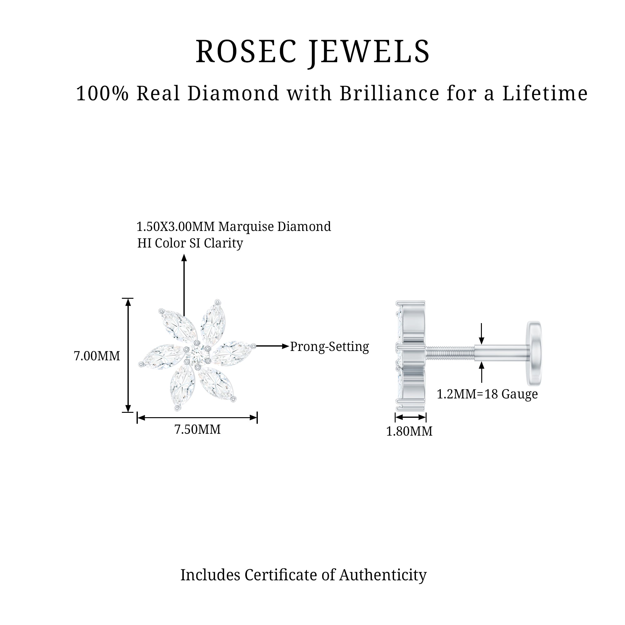 Sparkling Marquise Diamond Flower Helix Earring Natural - ( HI-SI ) - Rosec Jewels