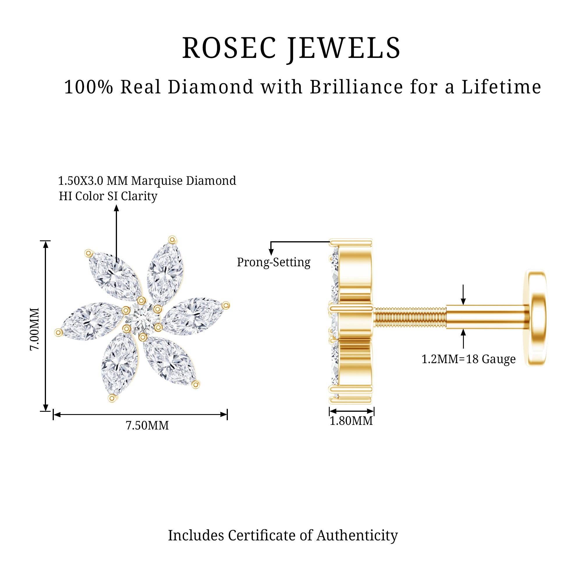Sparkling Marquise Diamond Flower Helix Earring Natural - ( HI-SI ) - Rosec Jewels