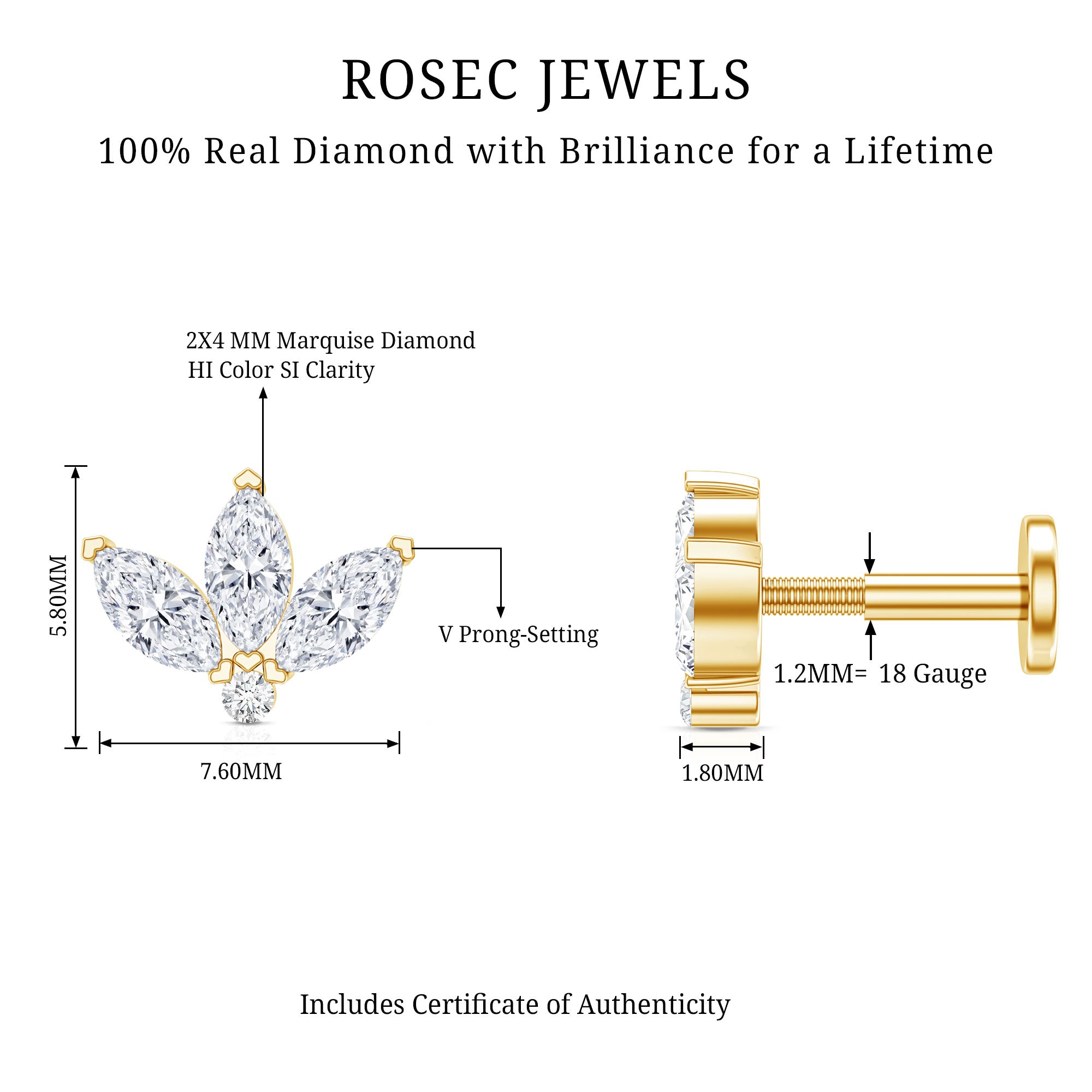 Marquise Cut Diamond Lotus Flower Earring for Cartilage Piercing Natural - ( HI-SI ) - Rosec Jewels