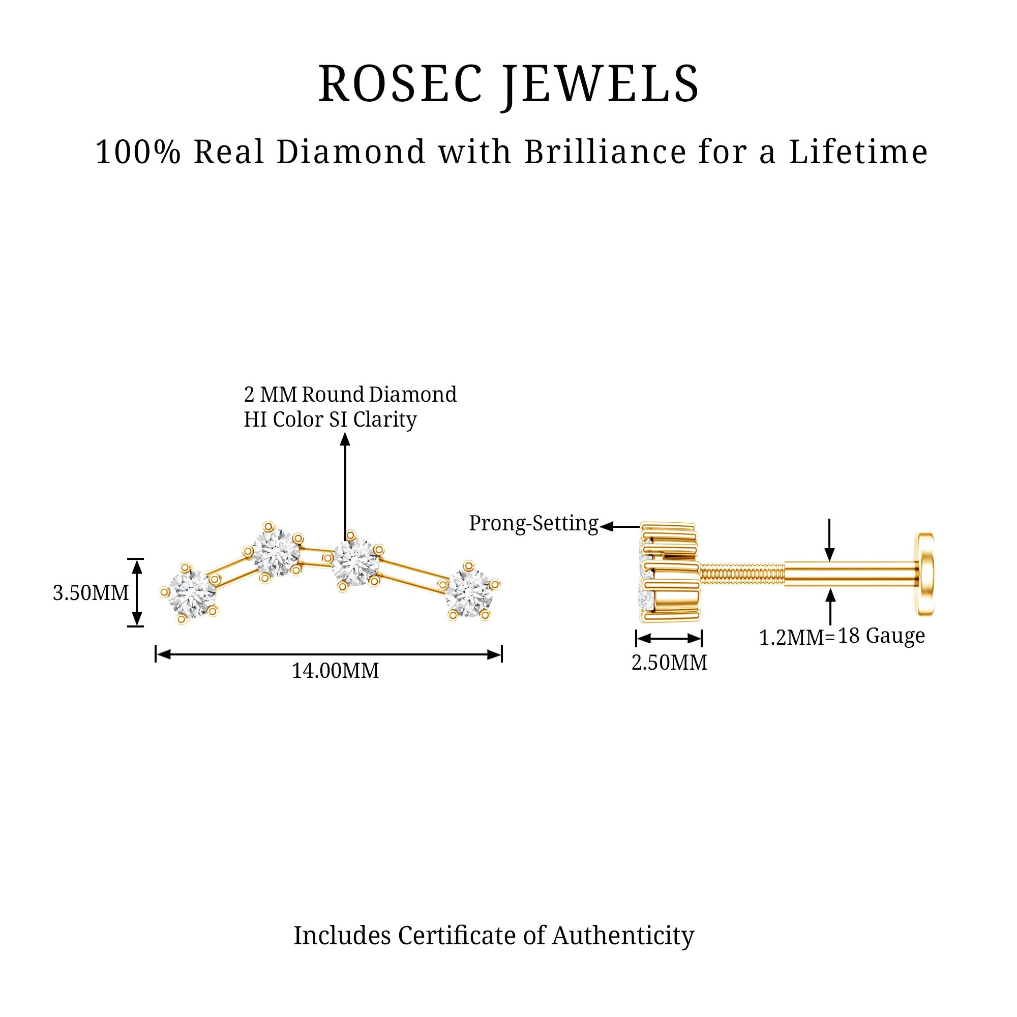 Diamond Aquarius Zodiac Earring for Helix Piercing Natural - ( HI-SI ) - Rosec Jewels