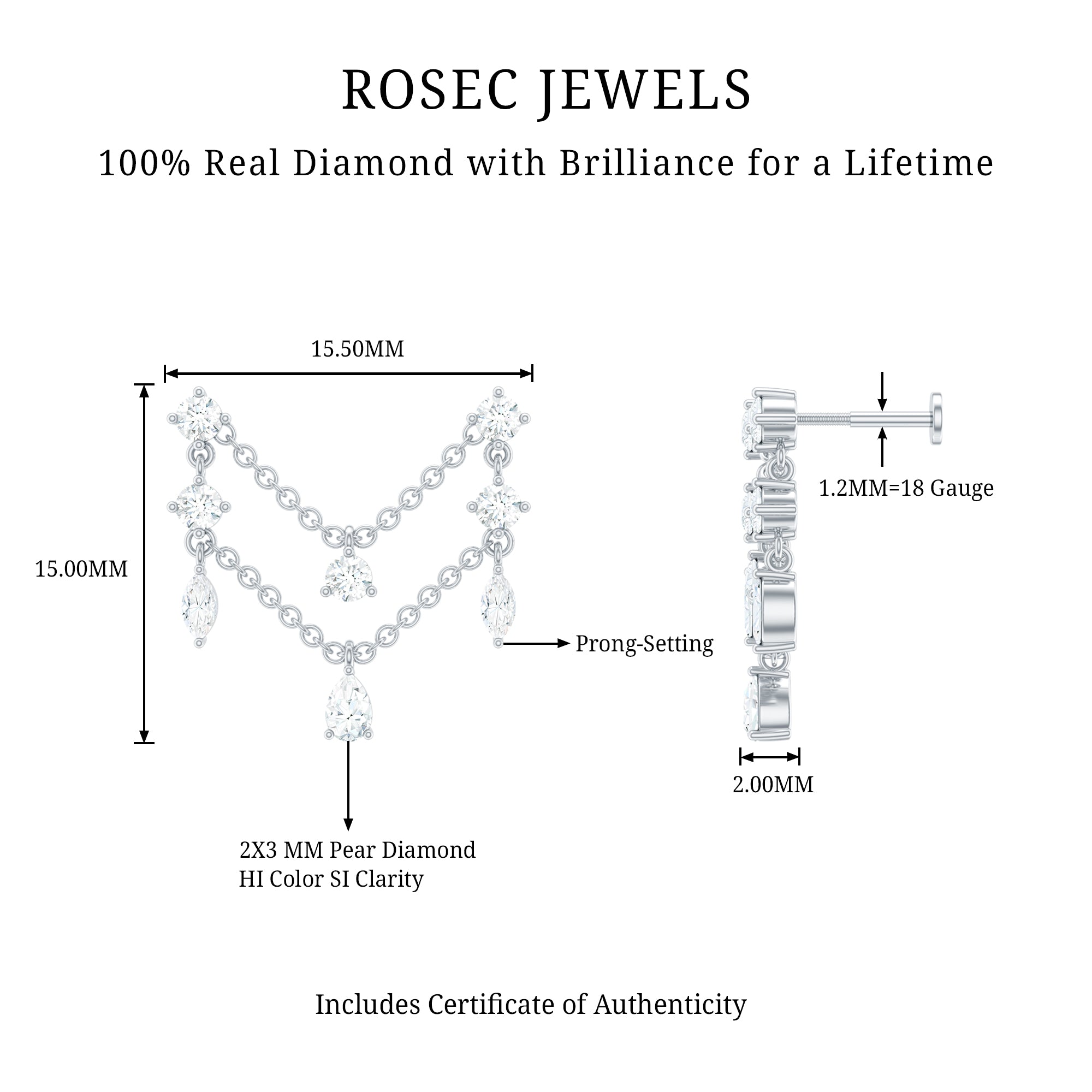 Real Diamond Double Chain Earring for Cartilage Piercing Natural - ( HI-SI ) - Rosec Jewels