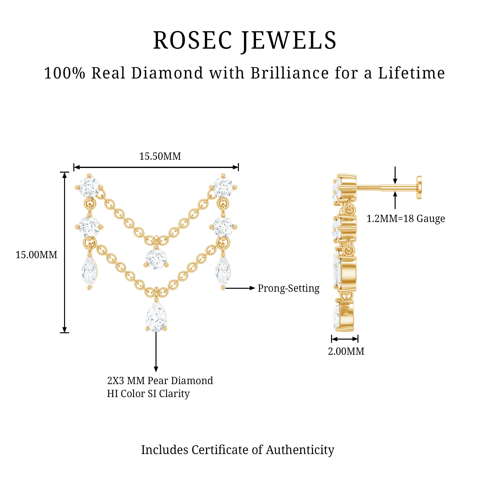 Real Diamond Double Chain Earring for Cartilage Piercing Natural - ( HI-SI ) - Rosec Jewels